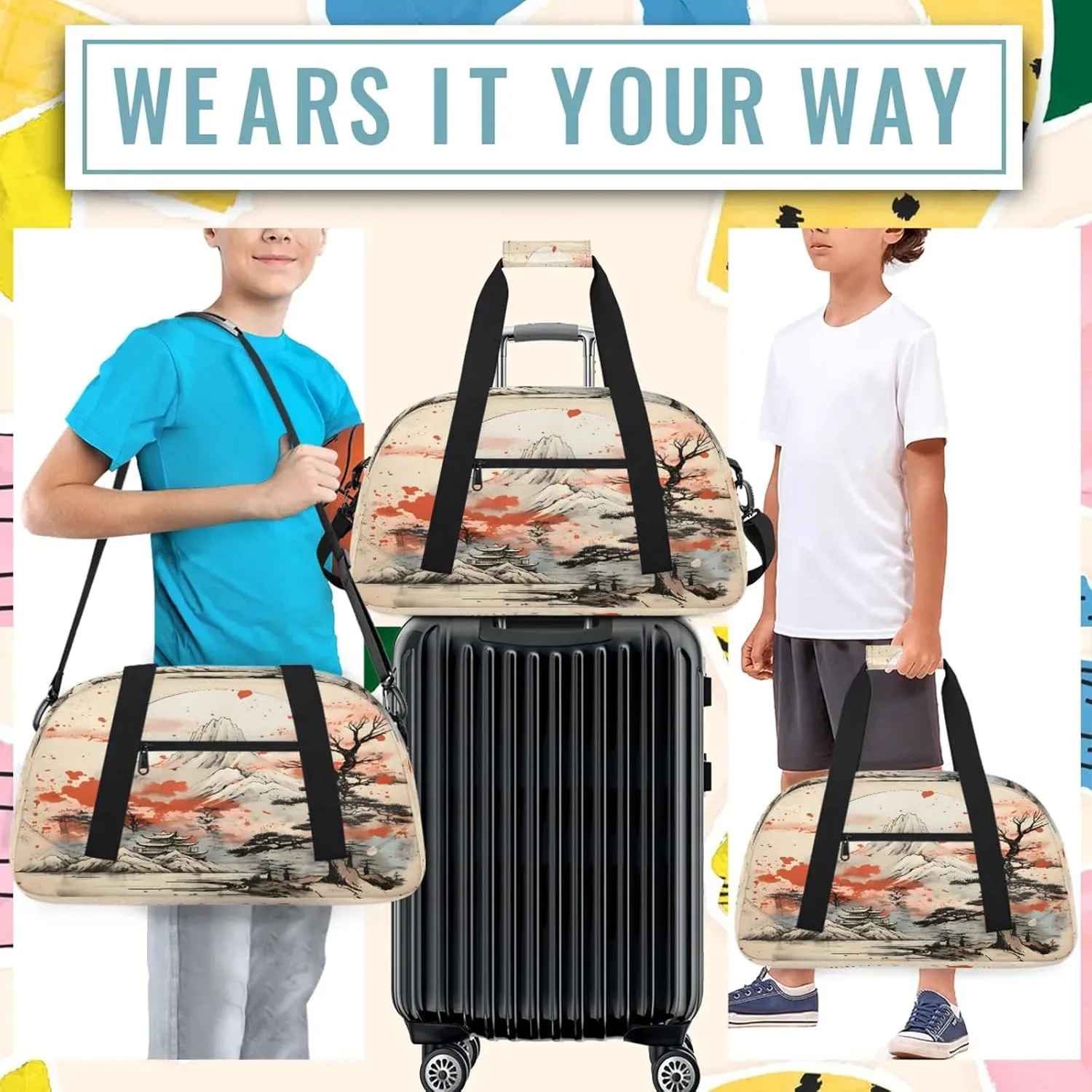 Asian Japanese Chinese Small Gym Bag 18 inch Carry On Duffel Bag for Weekender Travel Sports Workout Yoga Gymnastics Dance Ballet