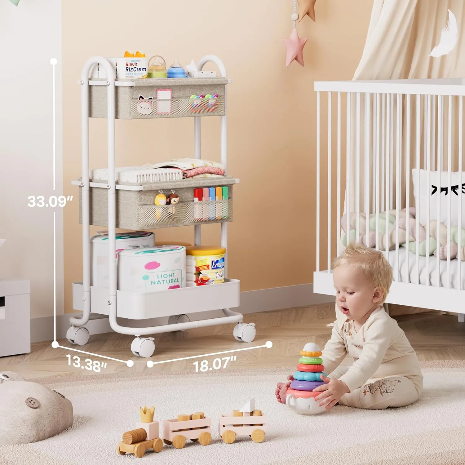Baby Diaper Caddy Organizer Cart - 3 Tier Rolling Storage Cart with Wheels, Baby Essentials Nursery Storage, Detachable Dividers - for Crib, Bedroom, Art & Craft Organizer (Off White)