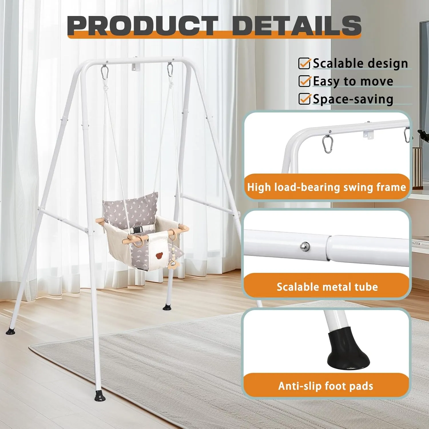 Baby Swing with Stand, Swing Set for Infant, Outdoor Indoor Swing Set with Canvas Cushion Seat (White)
