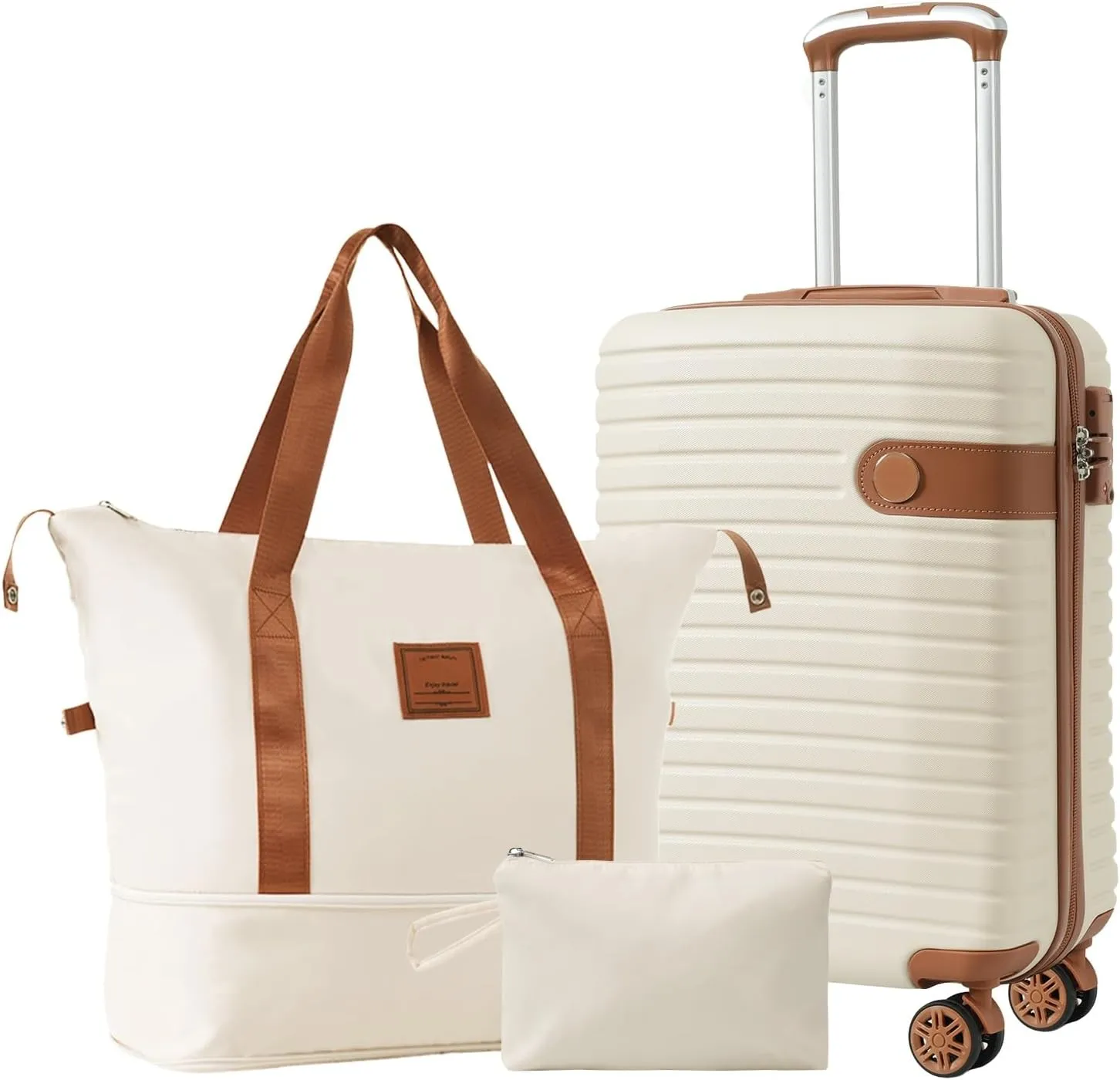 Bed Bath & Beyond 20" Carry on Luggage Trunk & Travel Bag & Toiletry Bag Trolley Case Cream