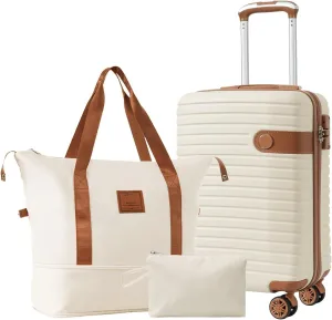 Bed Bath & Beyond 20" Carry on Luggage Trunk & Travel Bag & Toiletry Bag Trolley Case Cream