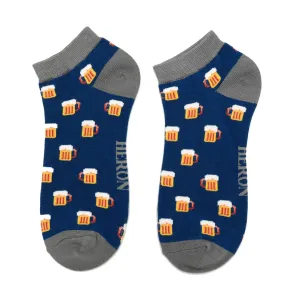 Beer Bamboo Trainer Socks in Navy by Mr Heron, Size UK 7-11