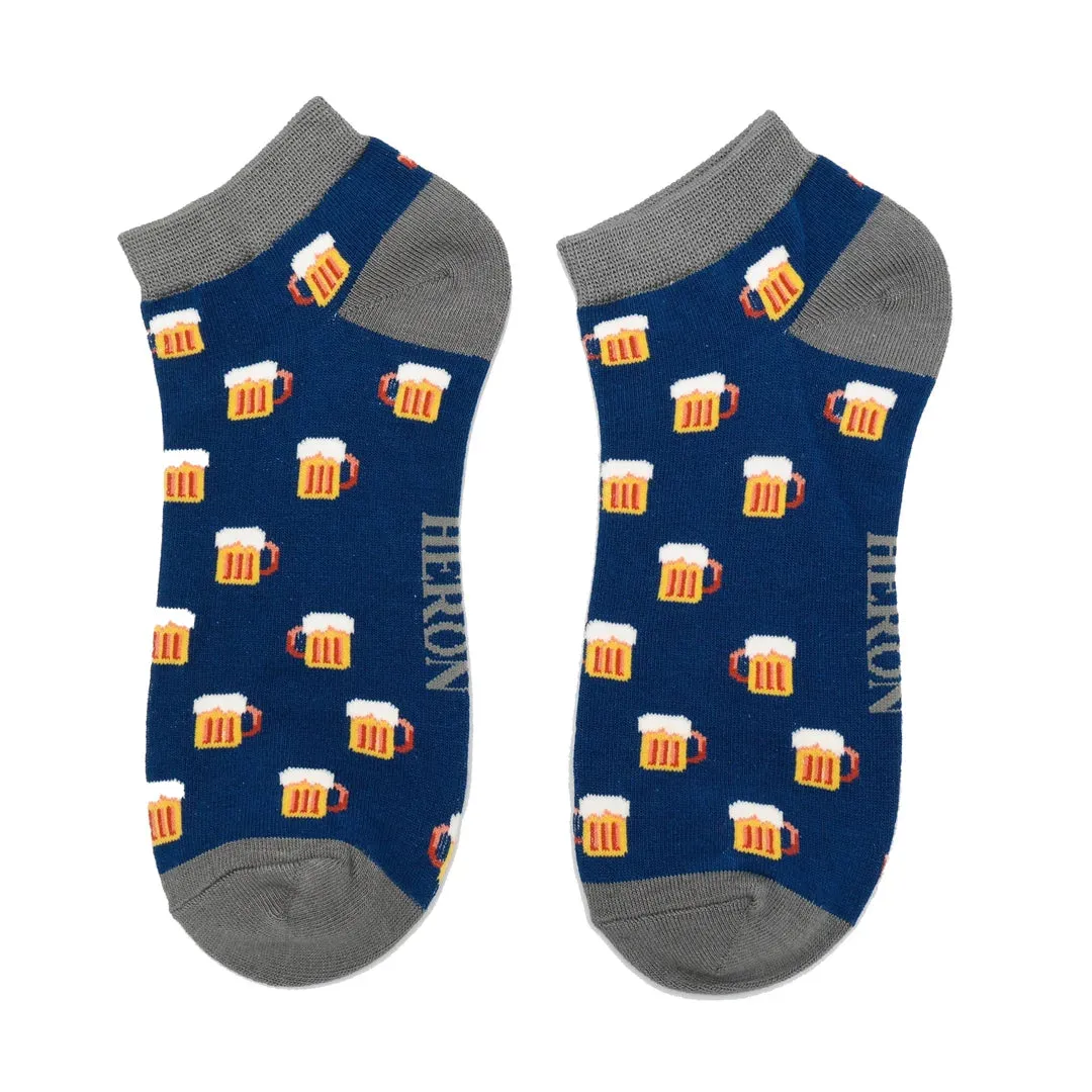 Beer Bamboo Trainer Socks in Navy by Mr Heron, Size UK 7-11