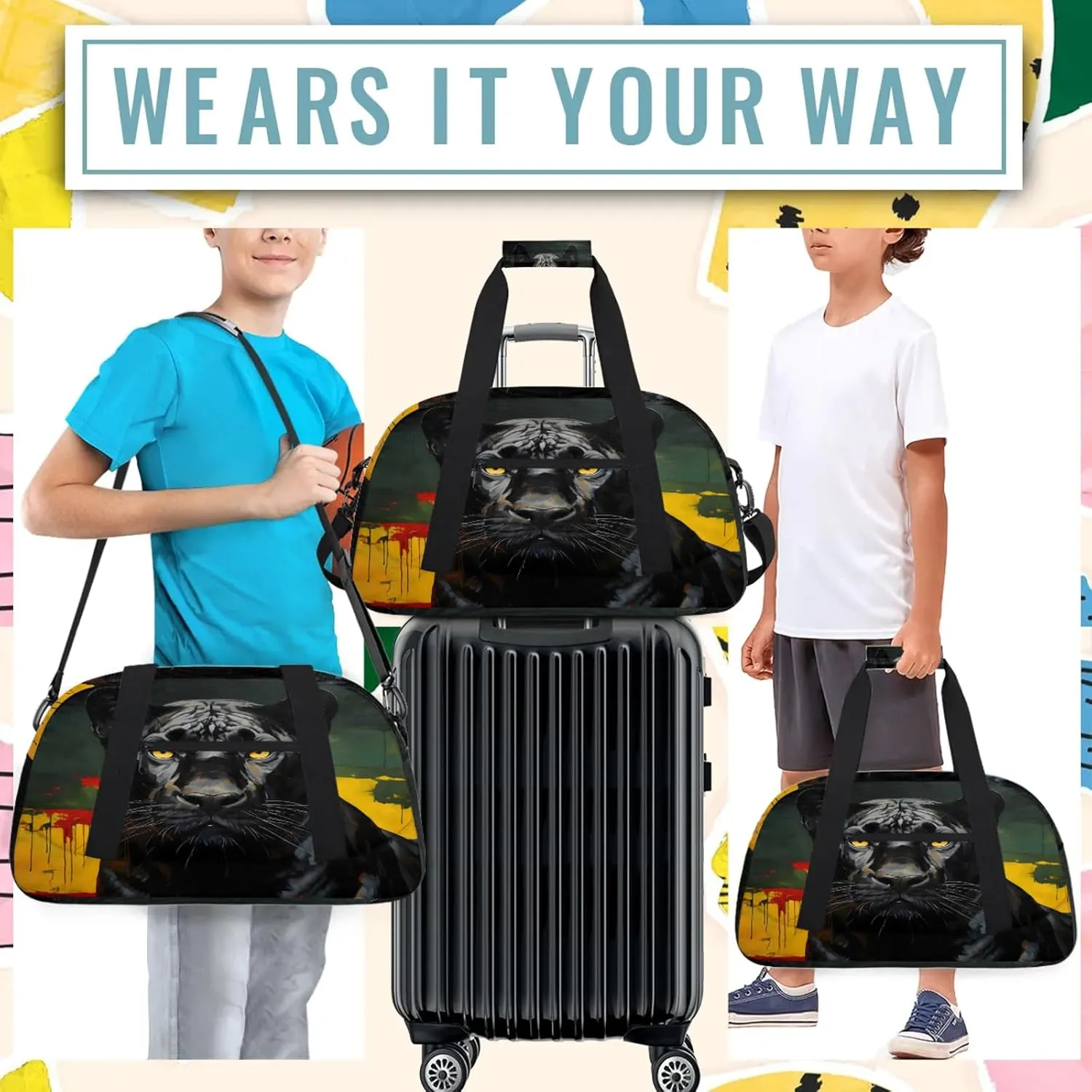 Black Panther Dog Small Gym Bag 18 inch Carry On Duffel Bag for Weekender Travel Sports Workout Yoga Gymnastics Dance Ballet