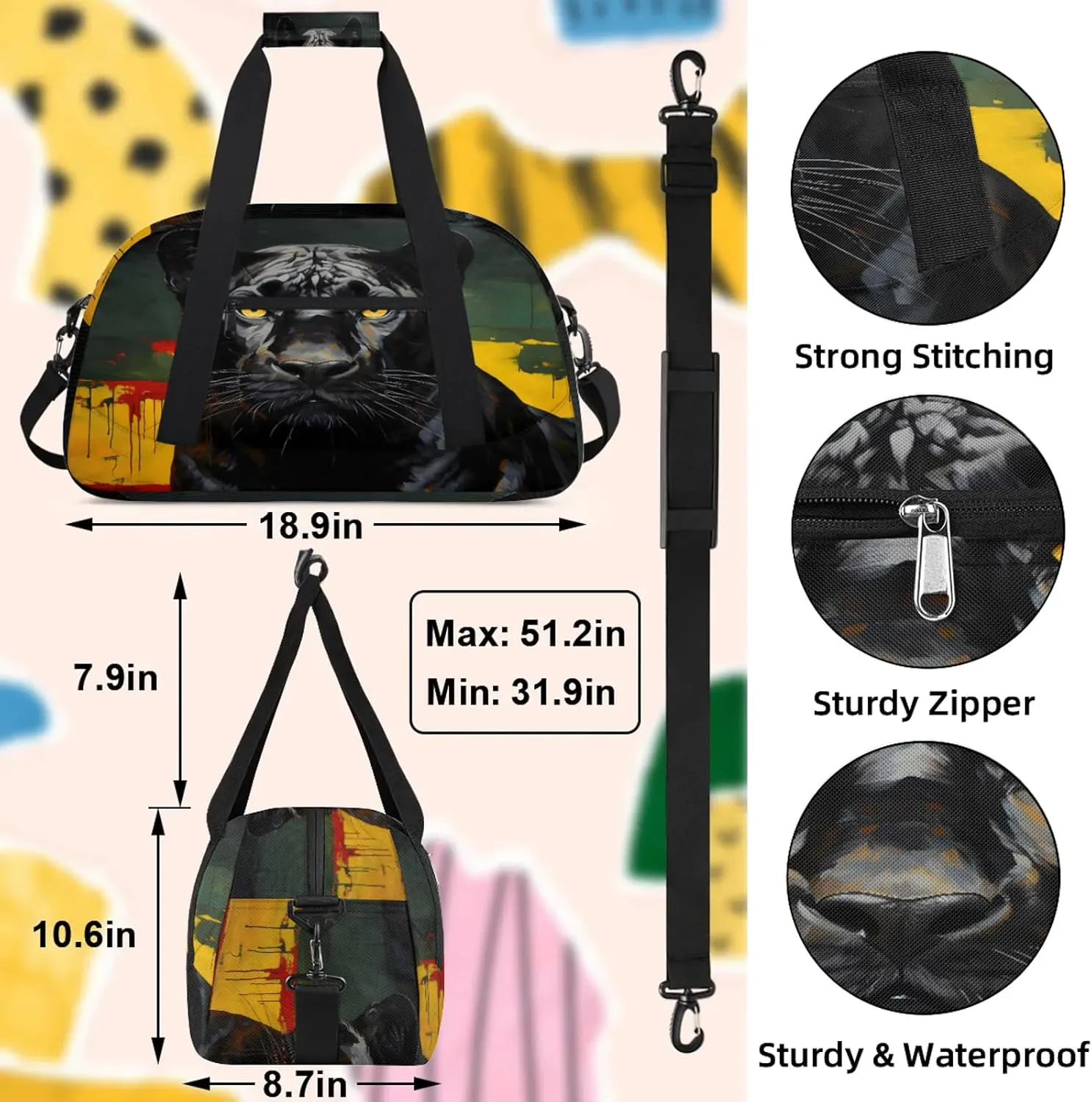 Black Panther Dog Small Gym Bag 18 inch Carry On Duffel Bag for Weekender Travel Sports Workout Yoga Gymnastics Dance Ballet