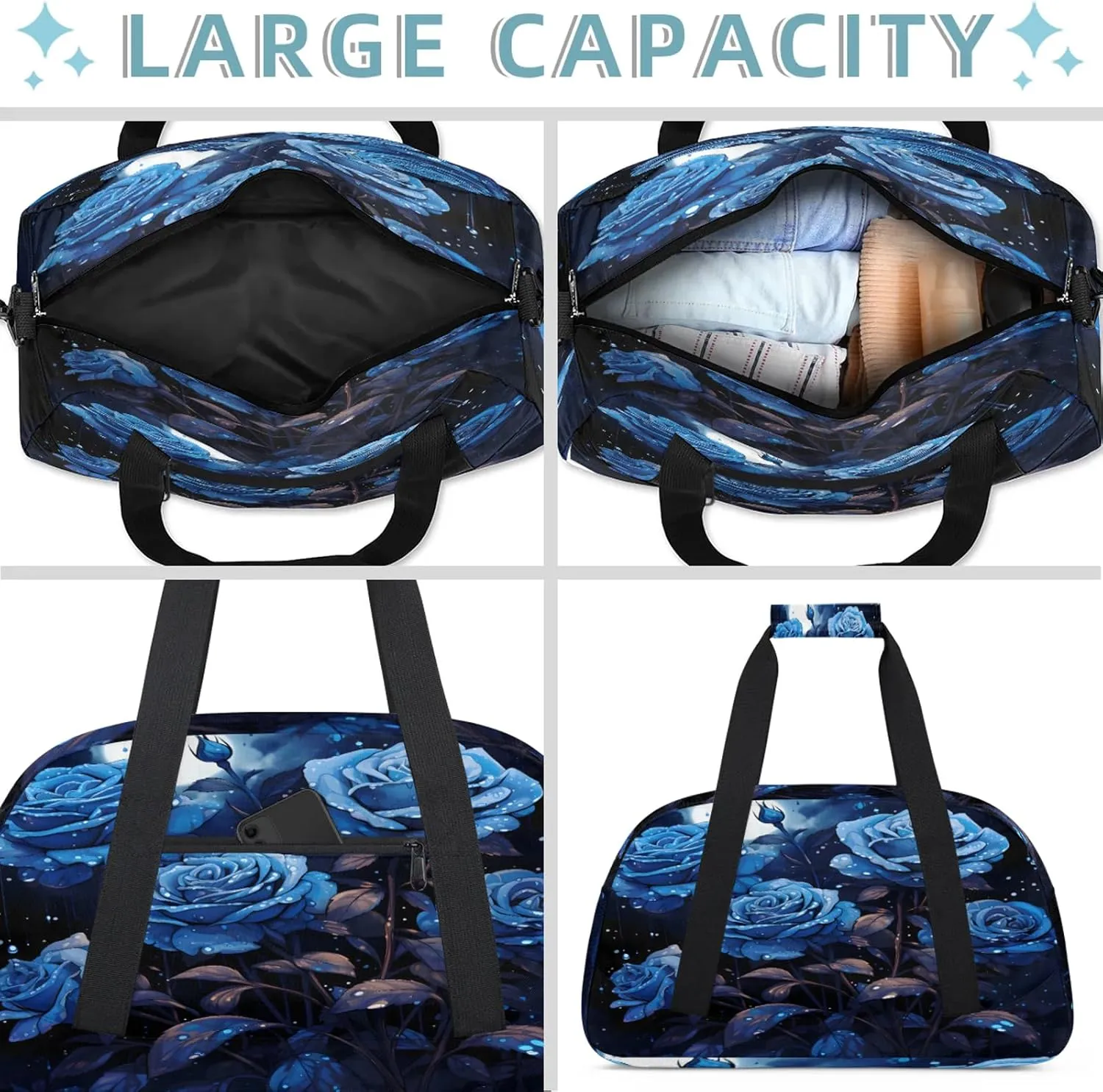 Blue Flower Small Gym Bag 18 inch Carry On Duffel Bag for Weekender Travel Sports Workout Yoga Gymnastics Dance Ballet