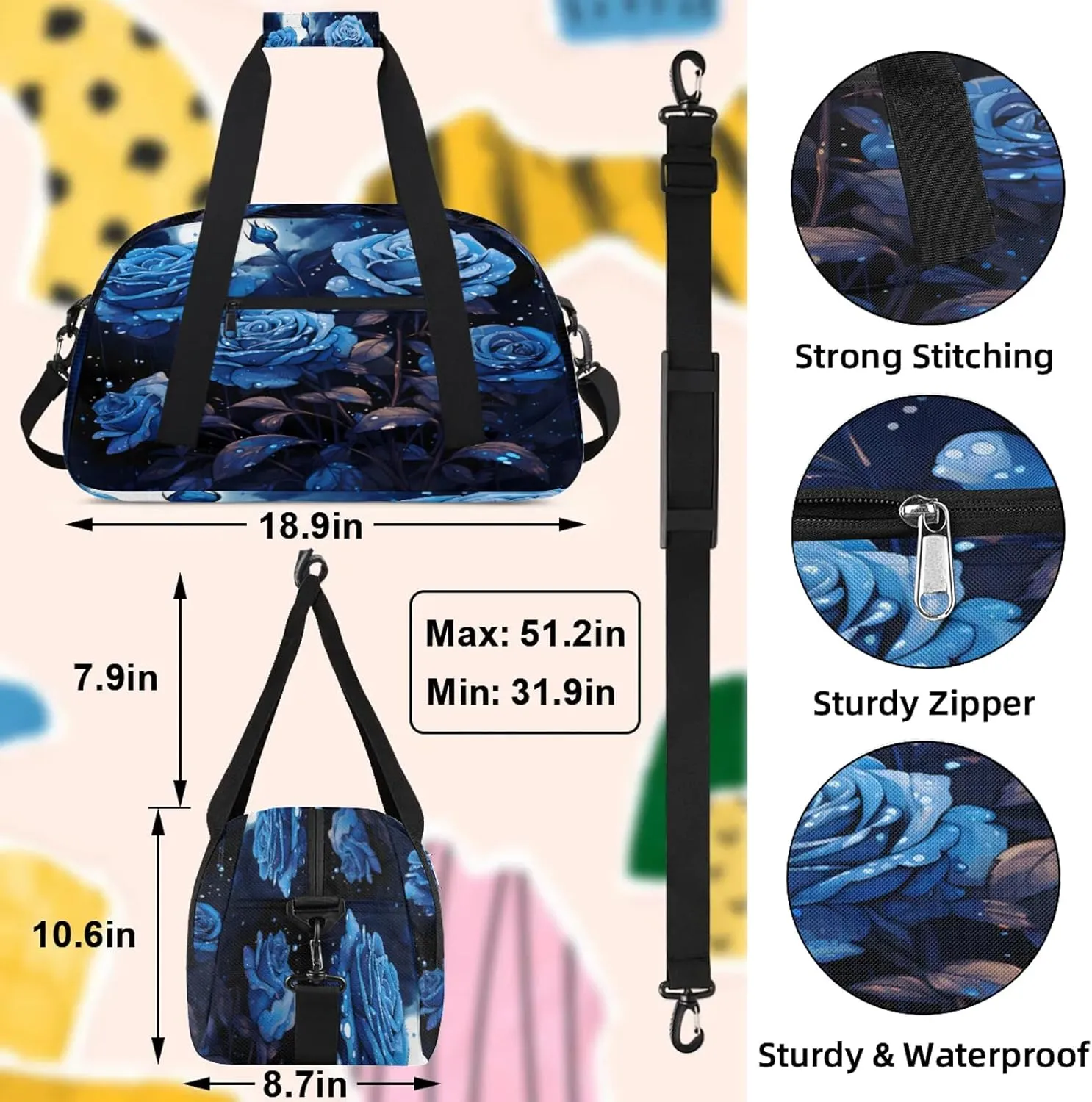 Blue Flower Small Gym Bag 18 inch Carry On Duffel Bag for Weekender Travel Sports Workout Yoga Gymnastics Dance Ballet