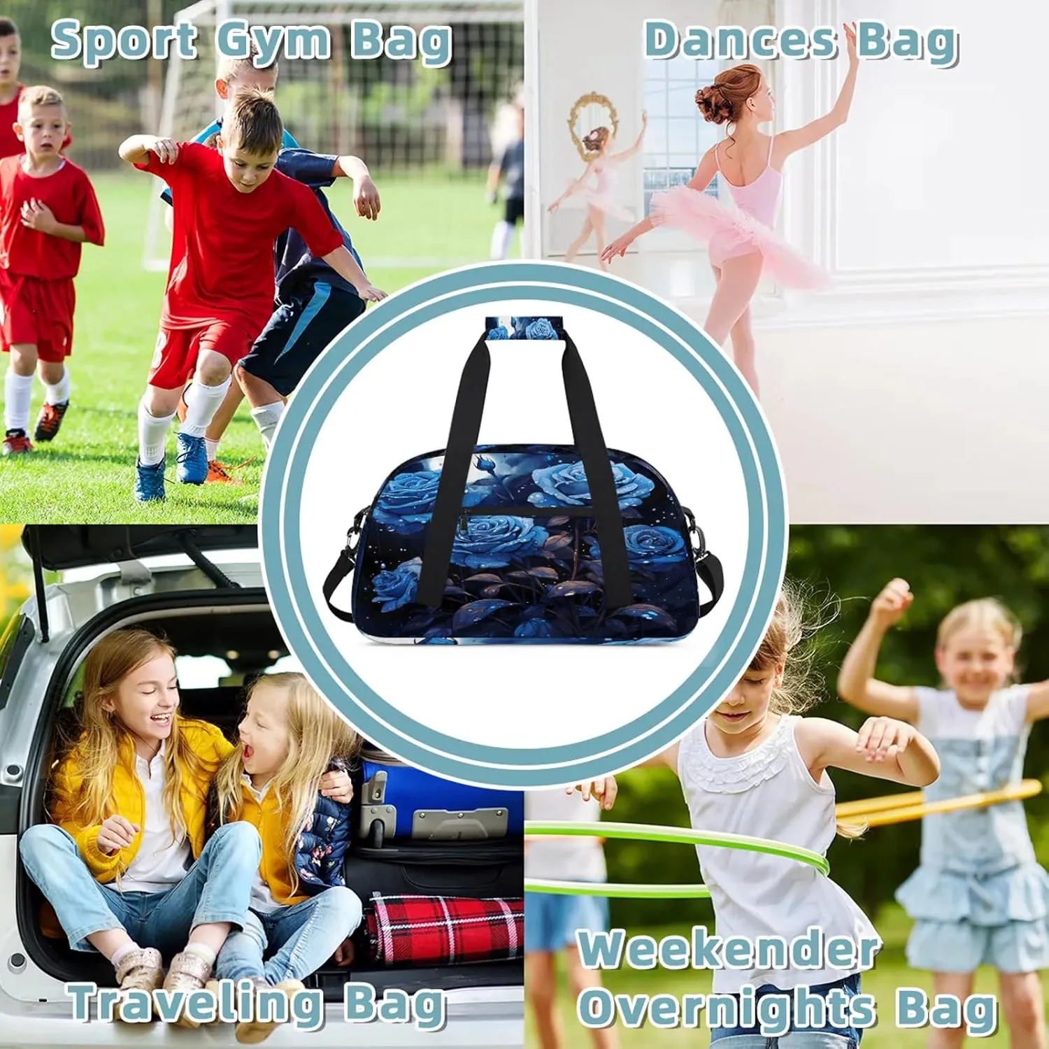 Blue Flower Small Gym Bag 18 inch Carry On Duffel Bag for Weekender Travel Sports Workout Yoga Gymnastics Dance Ballet