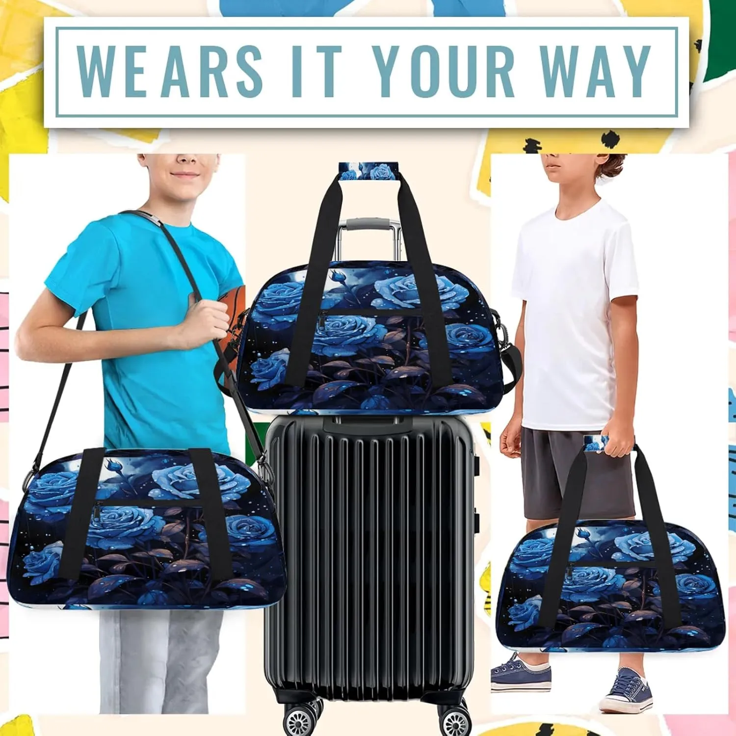Blue Flower Small Gym Bag 18 inch Carry On Duffel Bag for Weekender Travel Sports Workout Yoga Gymnastics Dance Ballet