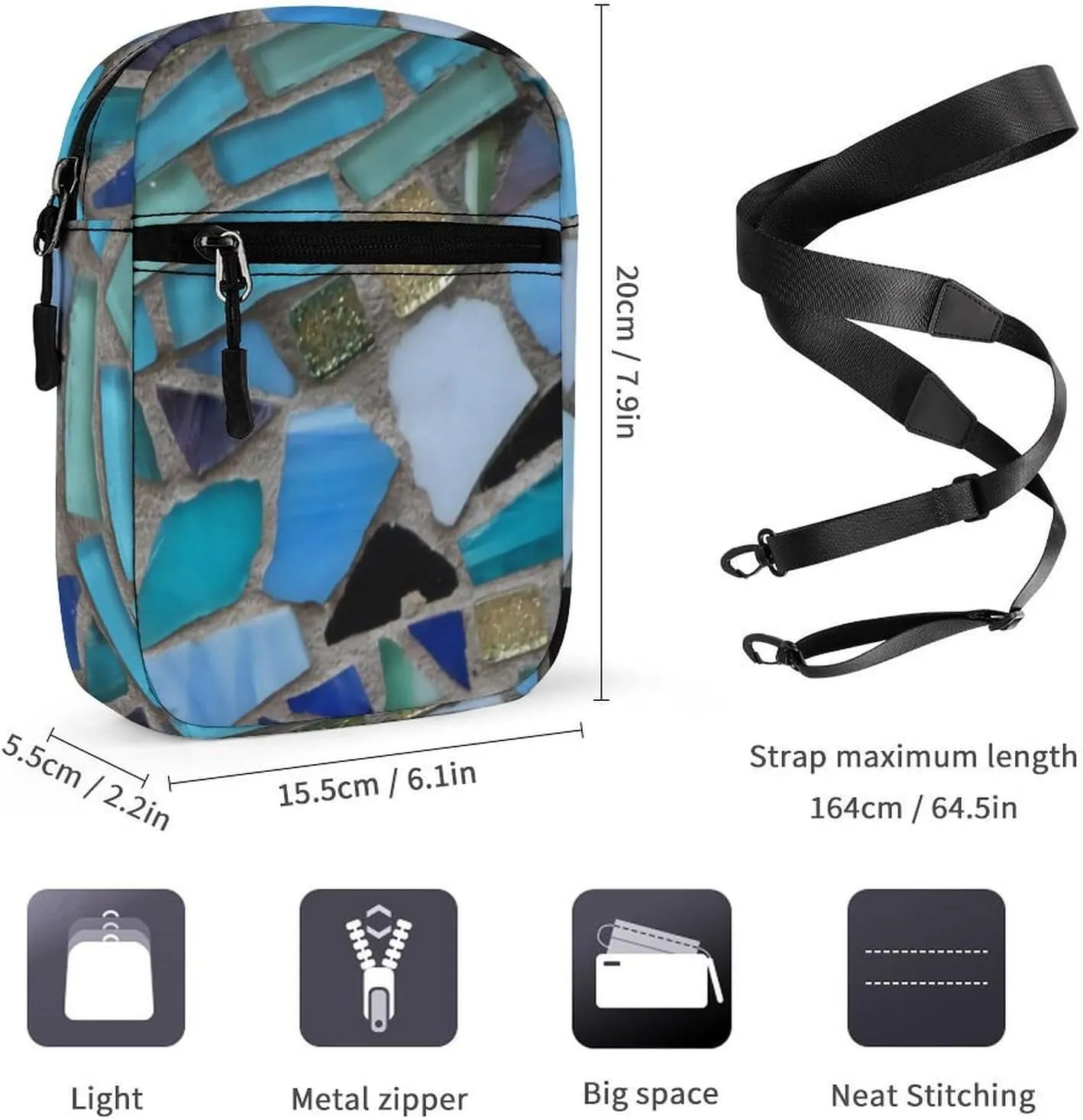 Blue Sea Glass Light Detachable Shoulder Strap Small Shoulder Bag Unisex