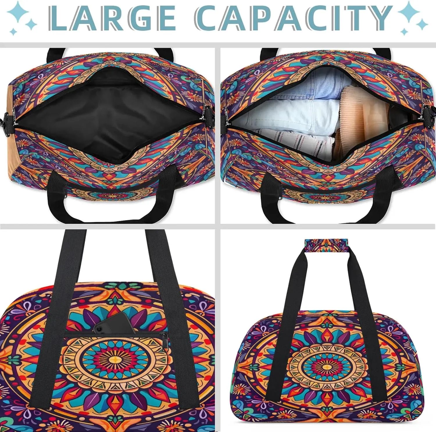 Boho Mandala Flowers Bohemian Small Gym Bag 18 inch Carry On Duffel Bag for Weekender Travel Sports Workout Yoga Gymnastics Dance Ballet