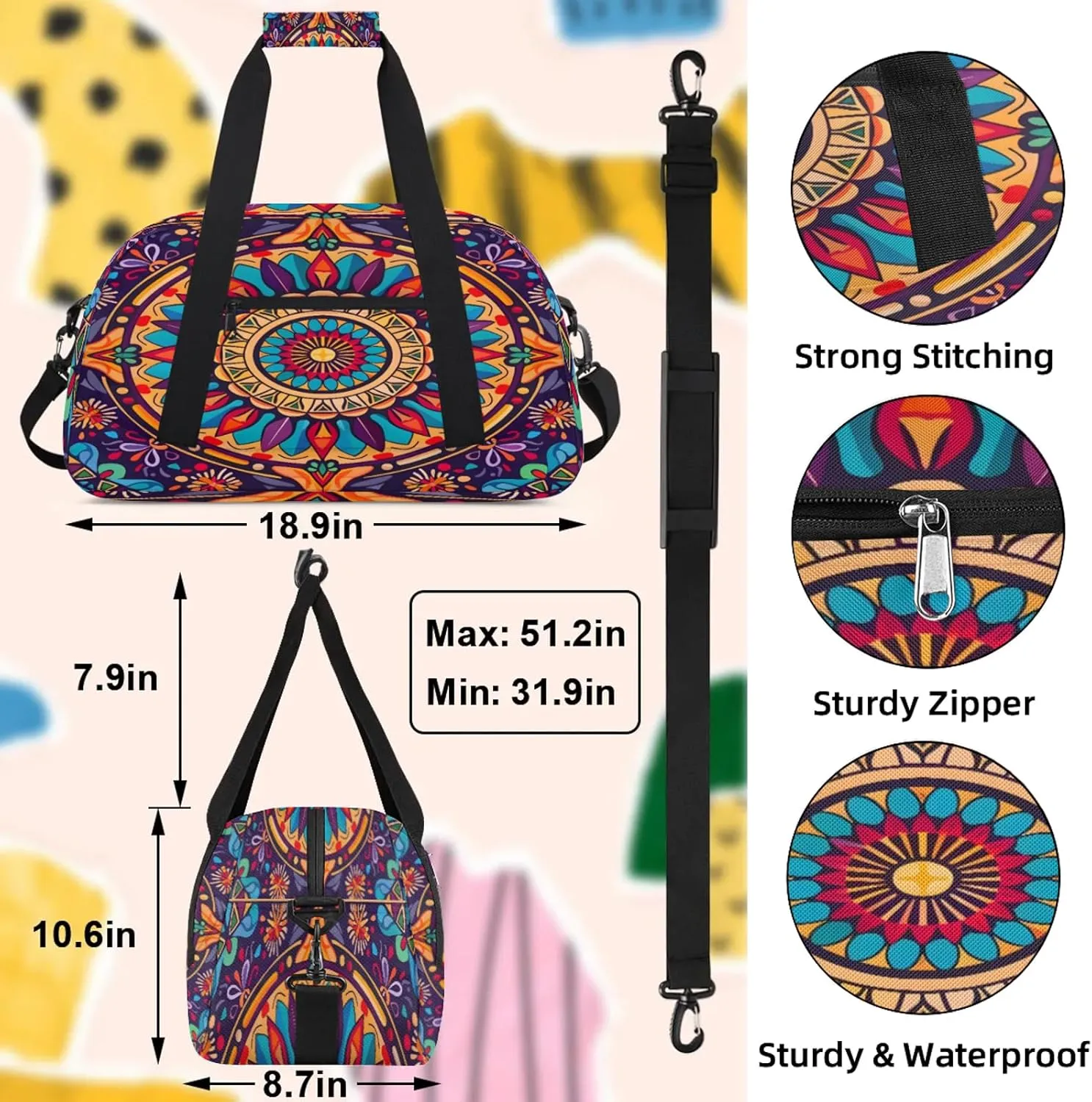 Boho Mandala Flowers Bohemian Small Gym Bag 18 inch Carry On Duffel Bag for Weekender Travel Sports Workout Yoga Gymnastics Dance Ballet