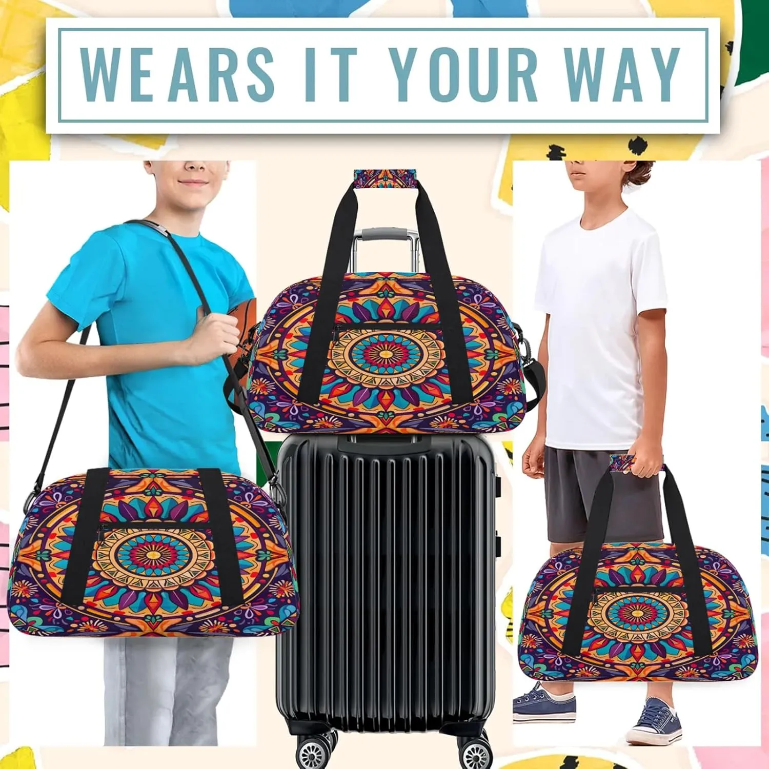 Boho Mandala Flowers Bohemian Small Gym Bag 18 inch Carry On Duffel Bag for Weekender Travel Sports Workout Yoga Gymnastics Dance Ballet