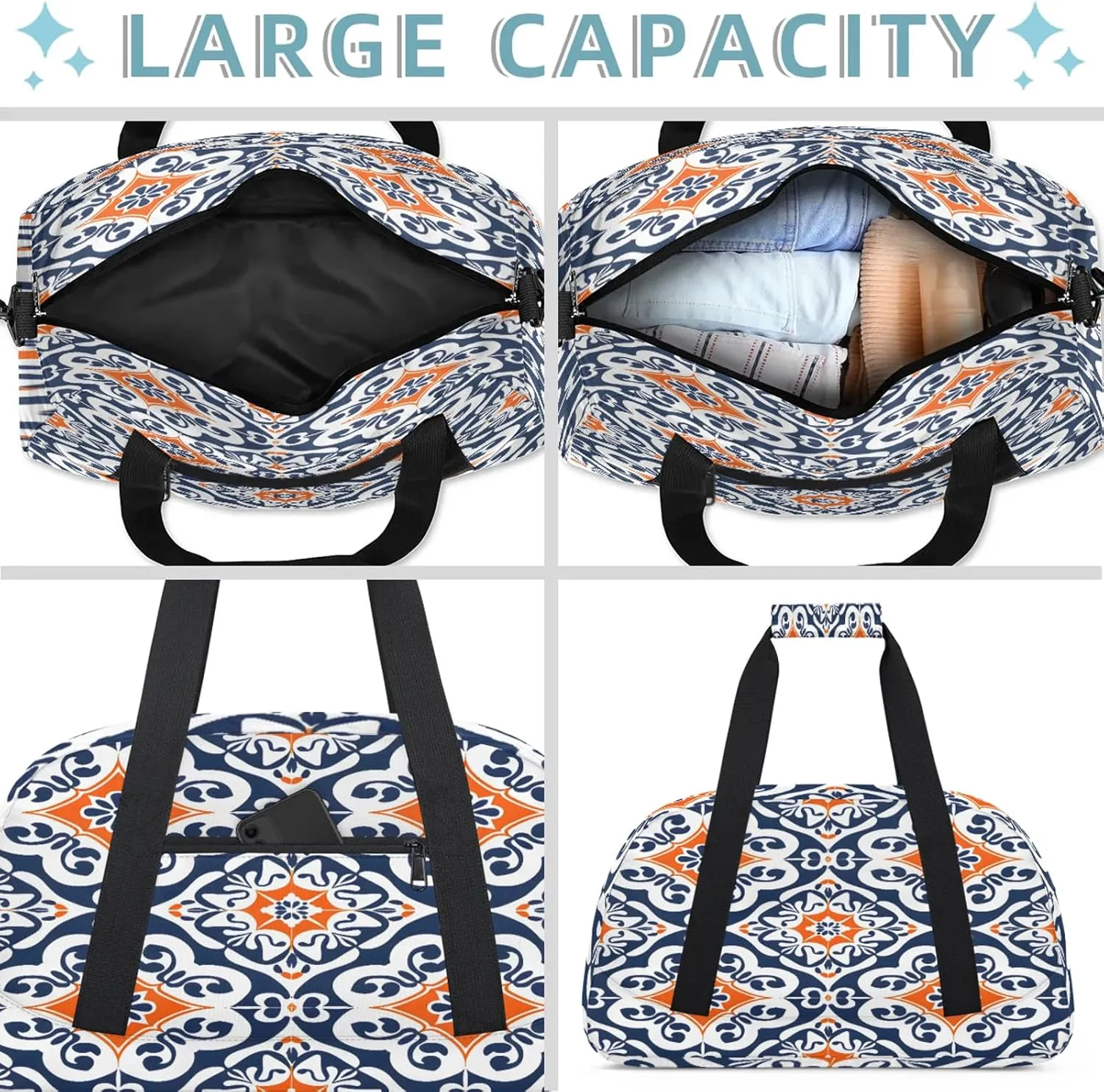 Boho Mexican Tile Small Gym Bag 18 inch Carry On Duffel Bag for Weekender Travel Sports Workout Yoga Gymnastics Dance Ballet