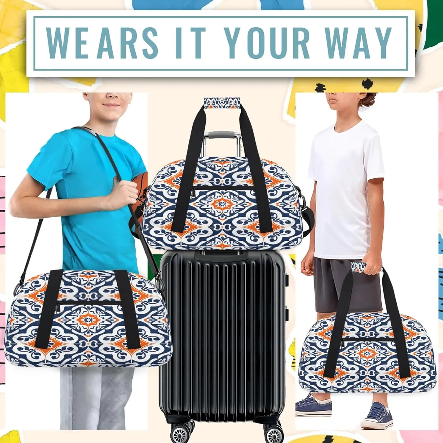 Boho Mexican Tile Small Gym Bag 18 inch Carry On Duffel Bag for Weekender Travel Sports Workout Yoga Gymnastics Dance Ballet
