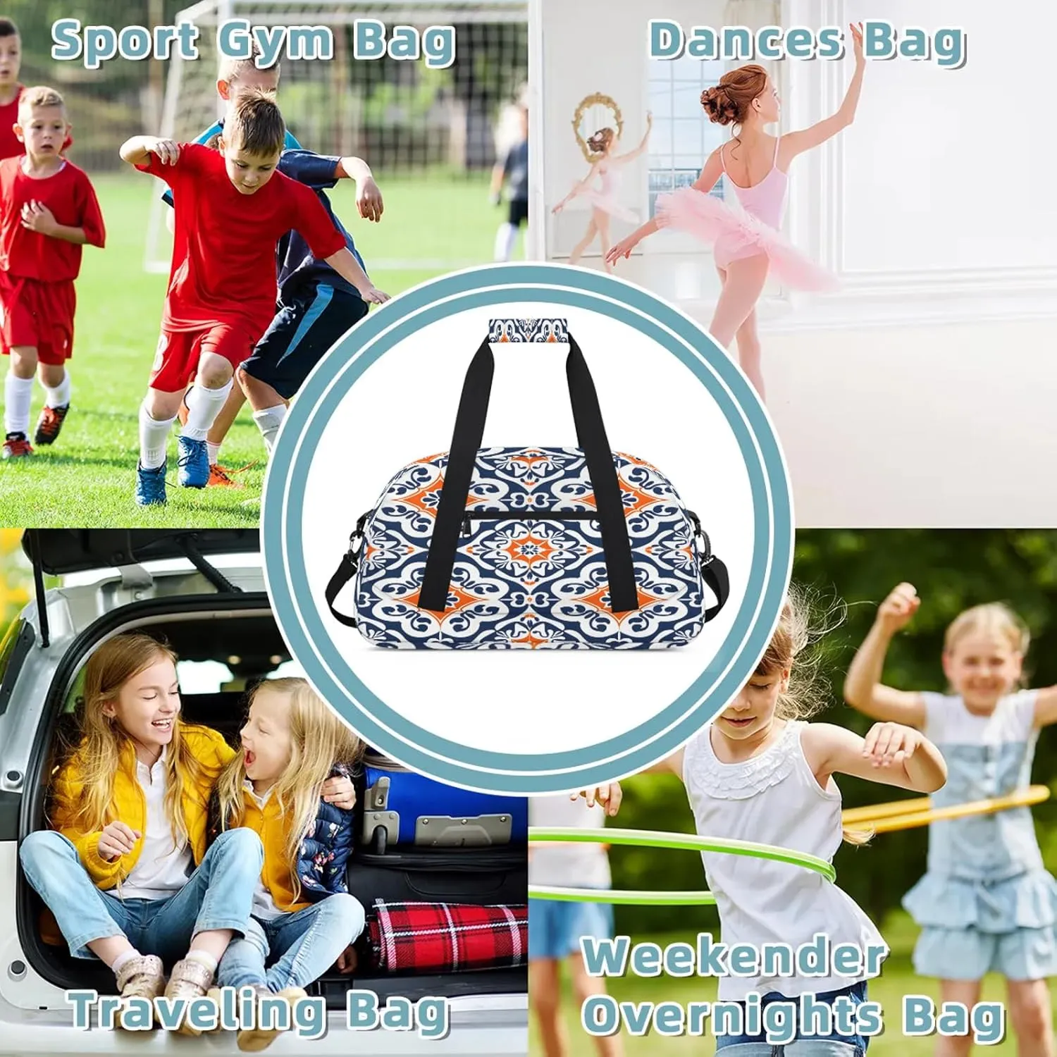 Boho Mexican Tile Small Gym Bag 18 inch Carry On Duffel Bag for Weekender Travel Sports Workout Yoga Gymnastics Dance Ballet