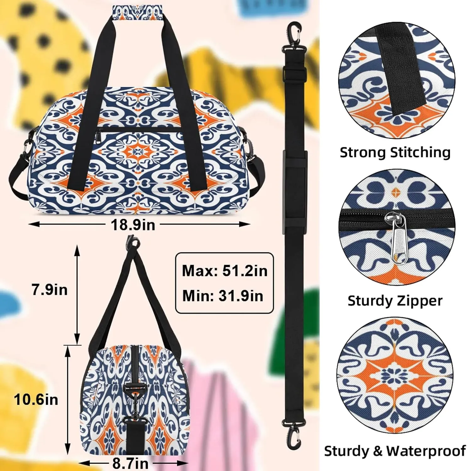 Boho Mexican Tile Small Gym Bag 18 inch Carry On Duffel Bag for Weekender Travel Sports Workout Yoga Gymnastics Dance Ballet
