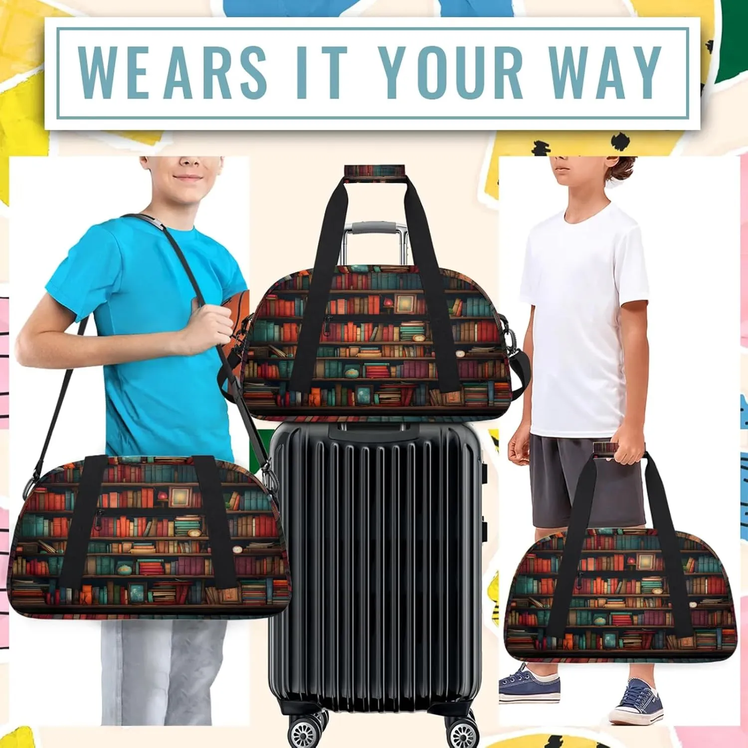 Bookshelf Small Gym Bag 18 inch Carry On Duffel Bag for Weekender Travel Sports Workout Yoga Gymnastics Dance Ballet