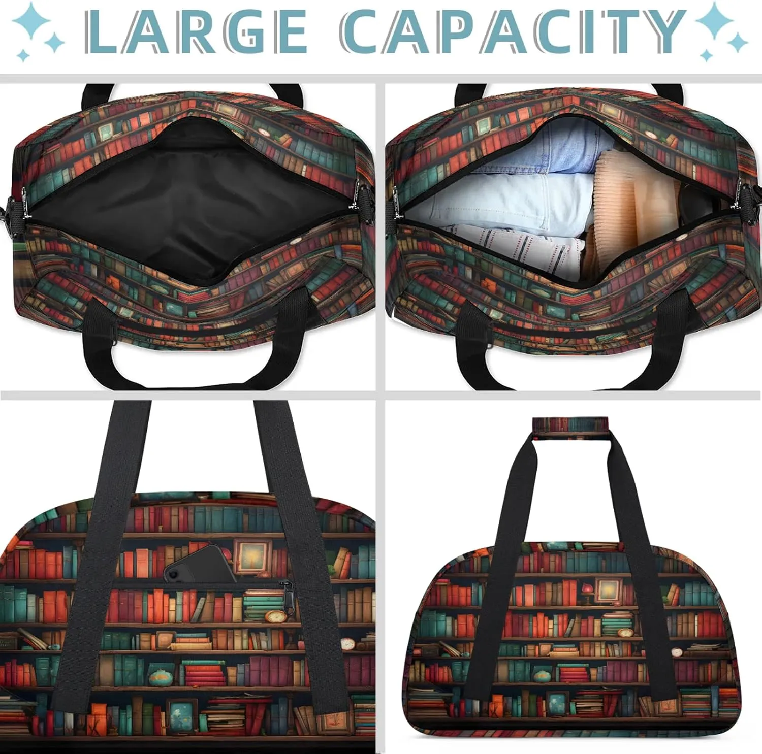 Bookshelf Small Gym Bag 18 inch Carry On Duffel Bag for Weekender Travel Sports Workout Yoga Gymnastics Dance Ballet