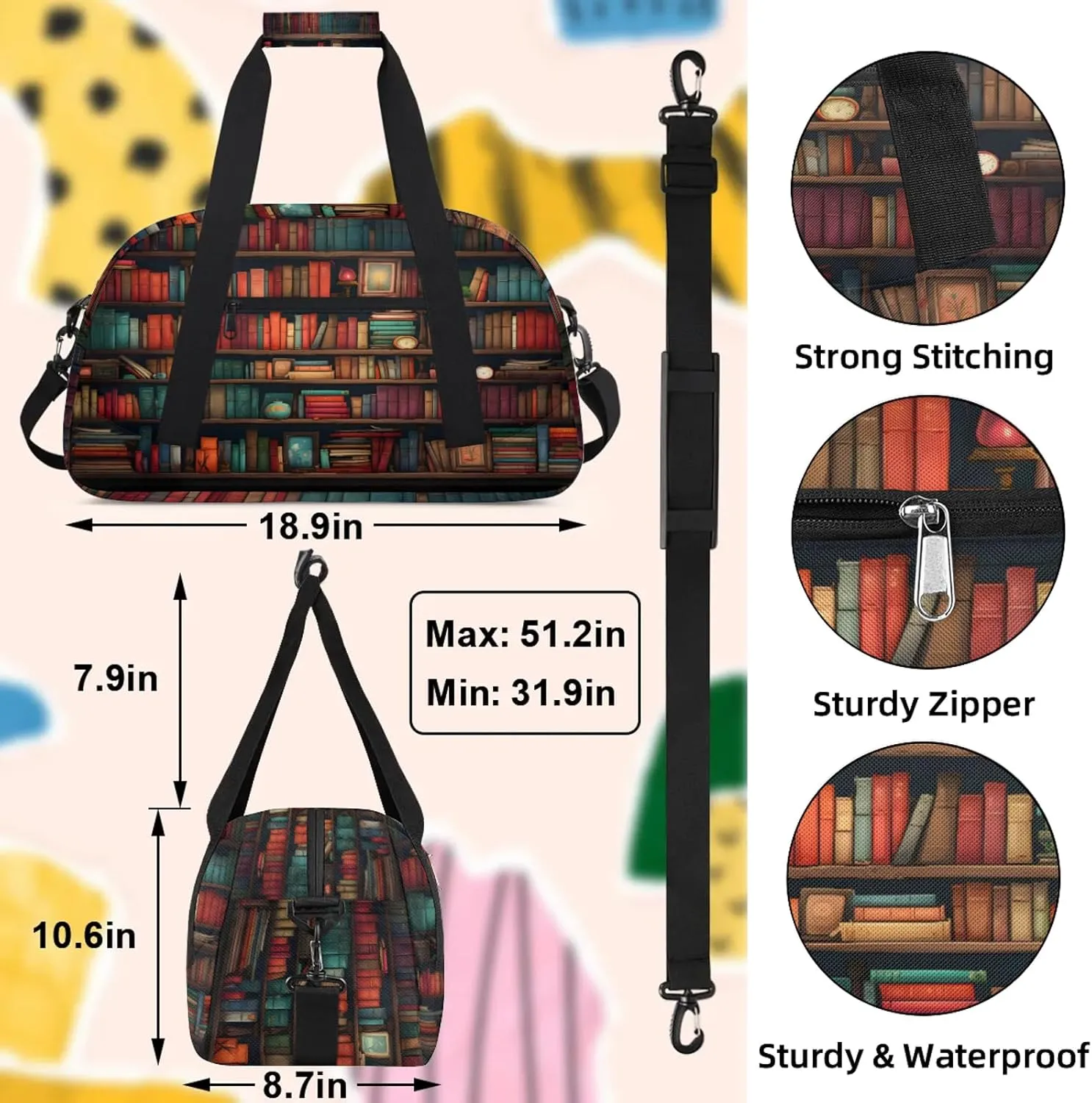 Bookshelf Small Gym Bag 18 inch Carry On Duffel Bag for Weekender Travel Sports Workout Yoga Gymnastics Dance Ballet