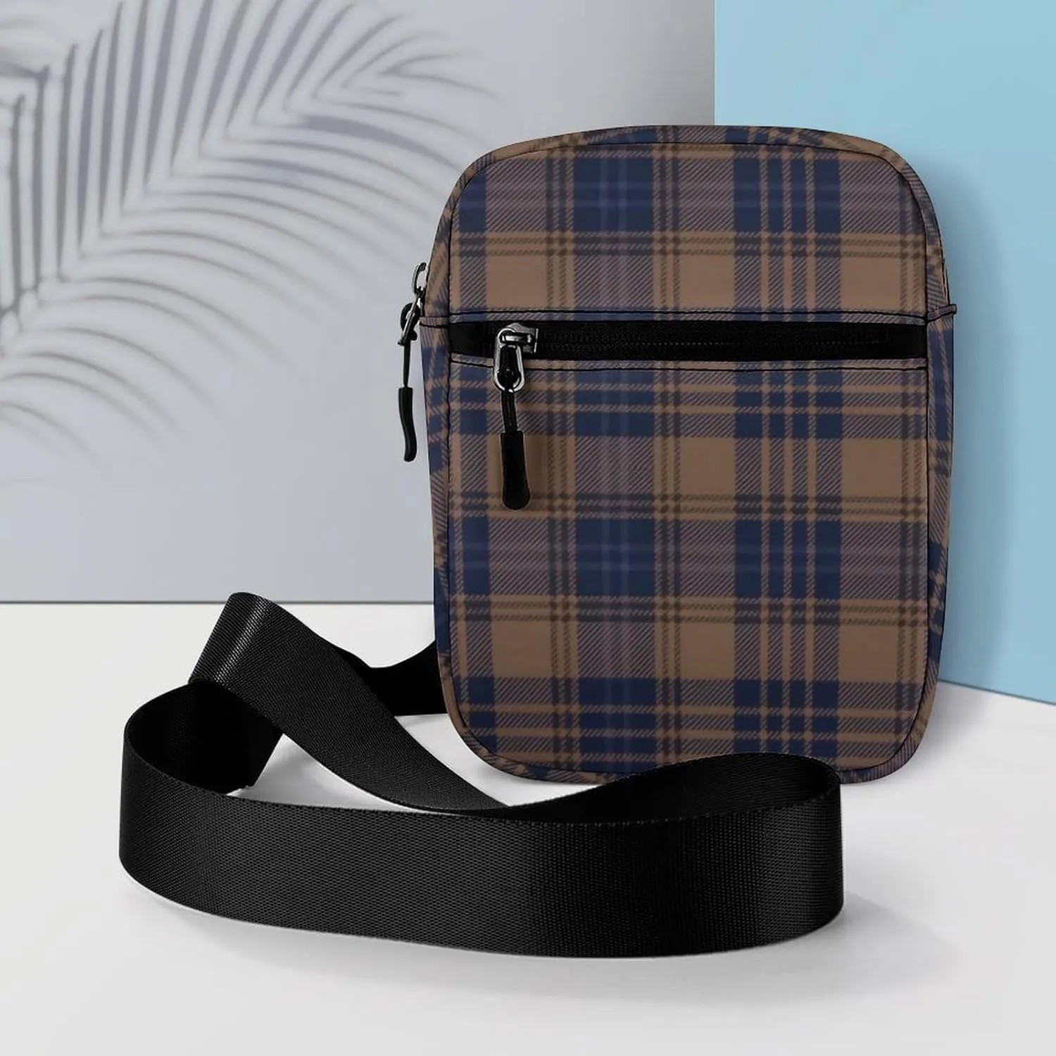Brown Blue Tartan Plaid Detachable Shoulder Strap Small Shoulder Bag Unisex
