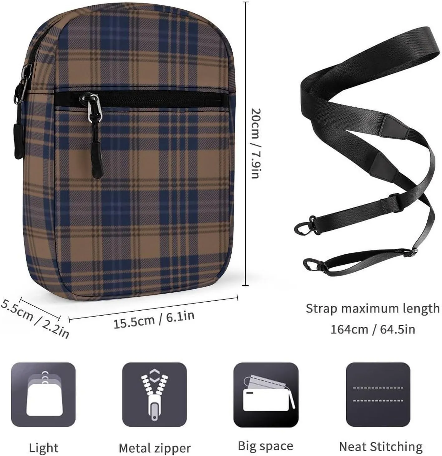 Brown Blue Tartan Plaid Detachable Shoulder Strap Small Shoulder Bag Unisex