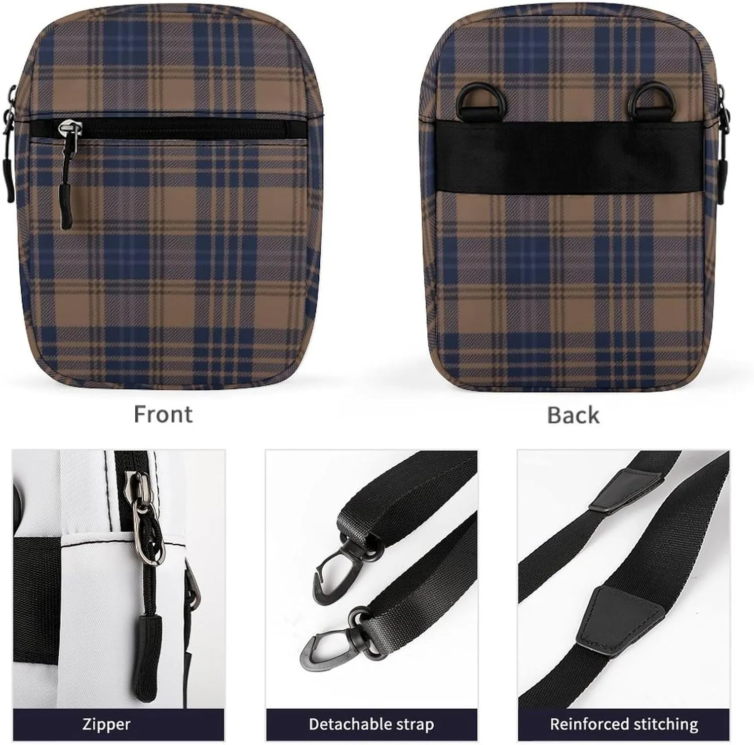 Brown Blue Tartan Plaid Detachable Shoulder Strap Small Shoulder Bag Unisex