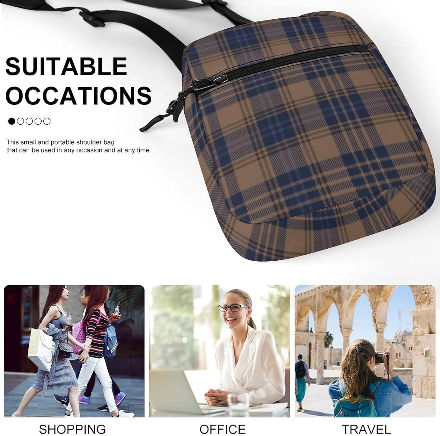 Brown Blue Tartan Plaid Detachable Shoulder Strap Small Shoulder Bag Unisex