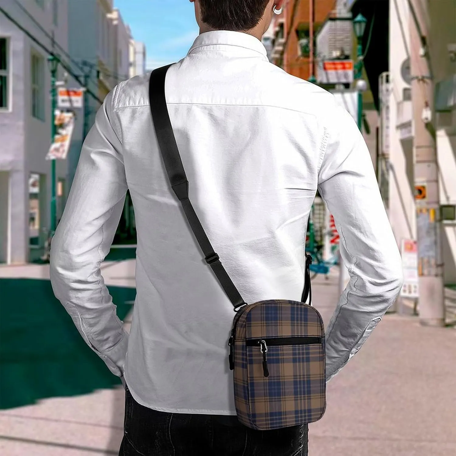 Brown Blue Tartan Plaid Detachable Shoulder Strap Small Shoulder Bag Unisex