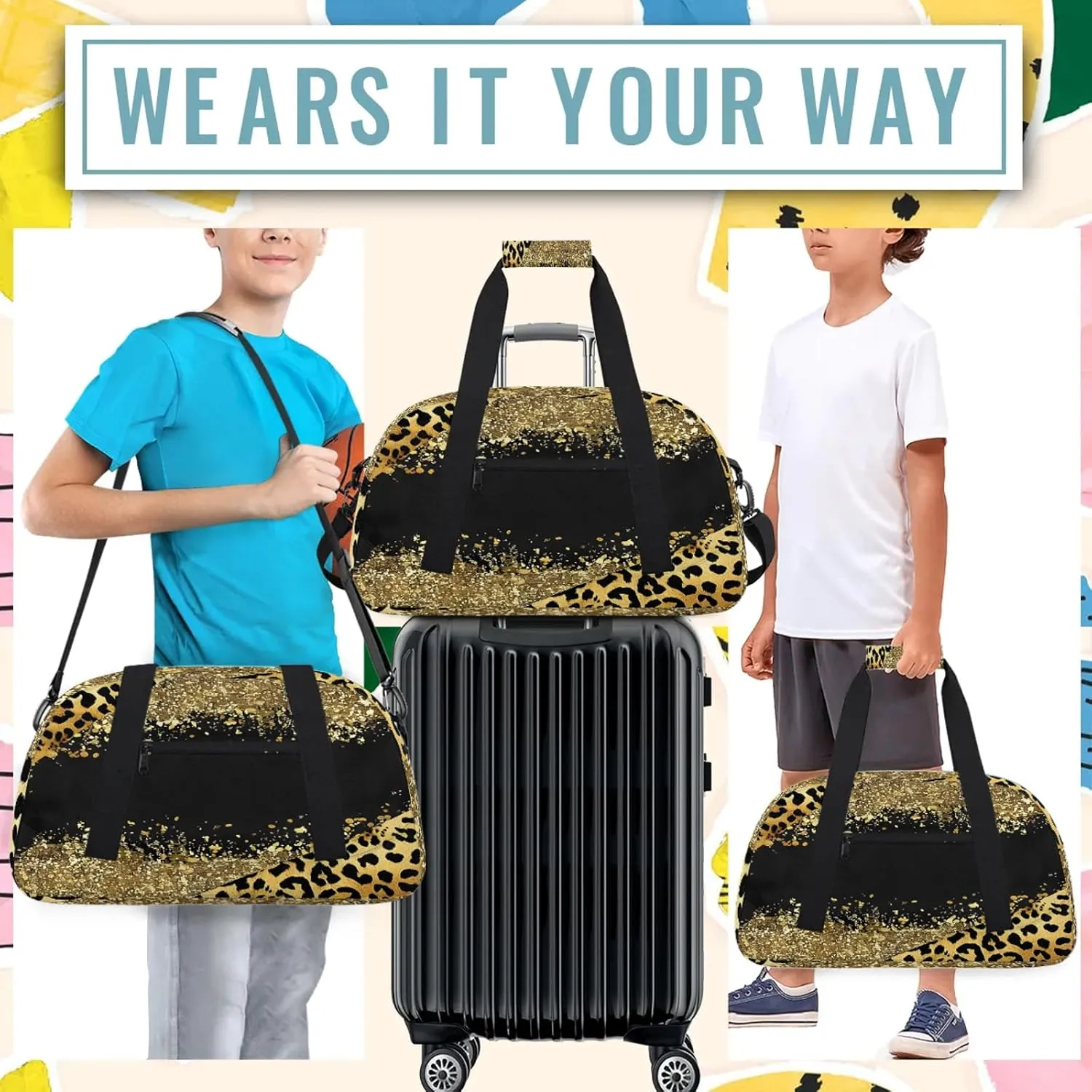 Brown Leopard Cheetah Small Gym Bag 18 inch Carry On Duffel Bag for Weekender Travel Sports Workout Yoga Gymnastics Dance Ballet