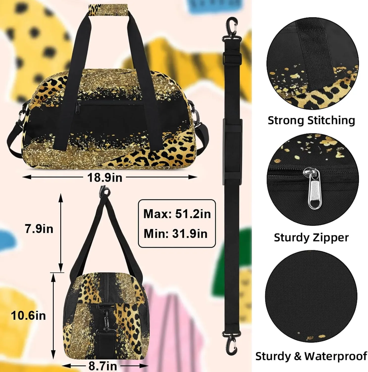 Brown Leopard Cheetah Small Gym Bag 18 inch Carry On Duffel Bag for Weekender Travel Sports Workout Yoga Gymnastics Dance Ballet