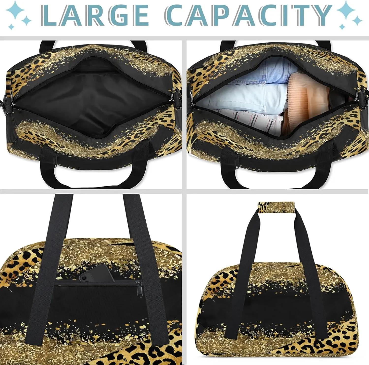 Brown Leopard Cheetah Small Gym Bag 18 inch Carry On Duffel Bag for Weekender Travel Sports Workout Yoga Gymnastics Dance Ballet
