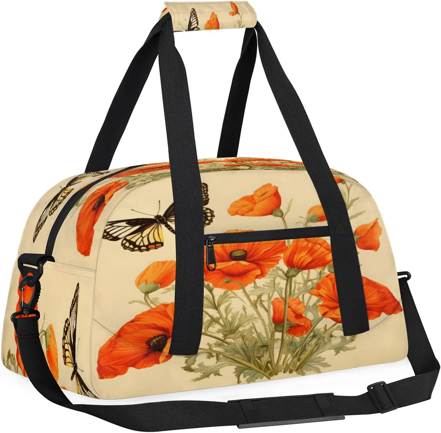 Butterflies Poppy Flowers Small Gym Bag 18 inch Carry On Duffel Bag for Weekender Travel Sports Workout Yoga Gymnastics Dance Ballet