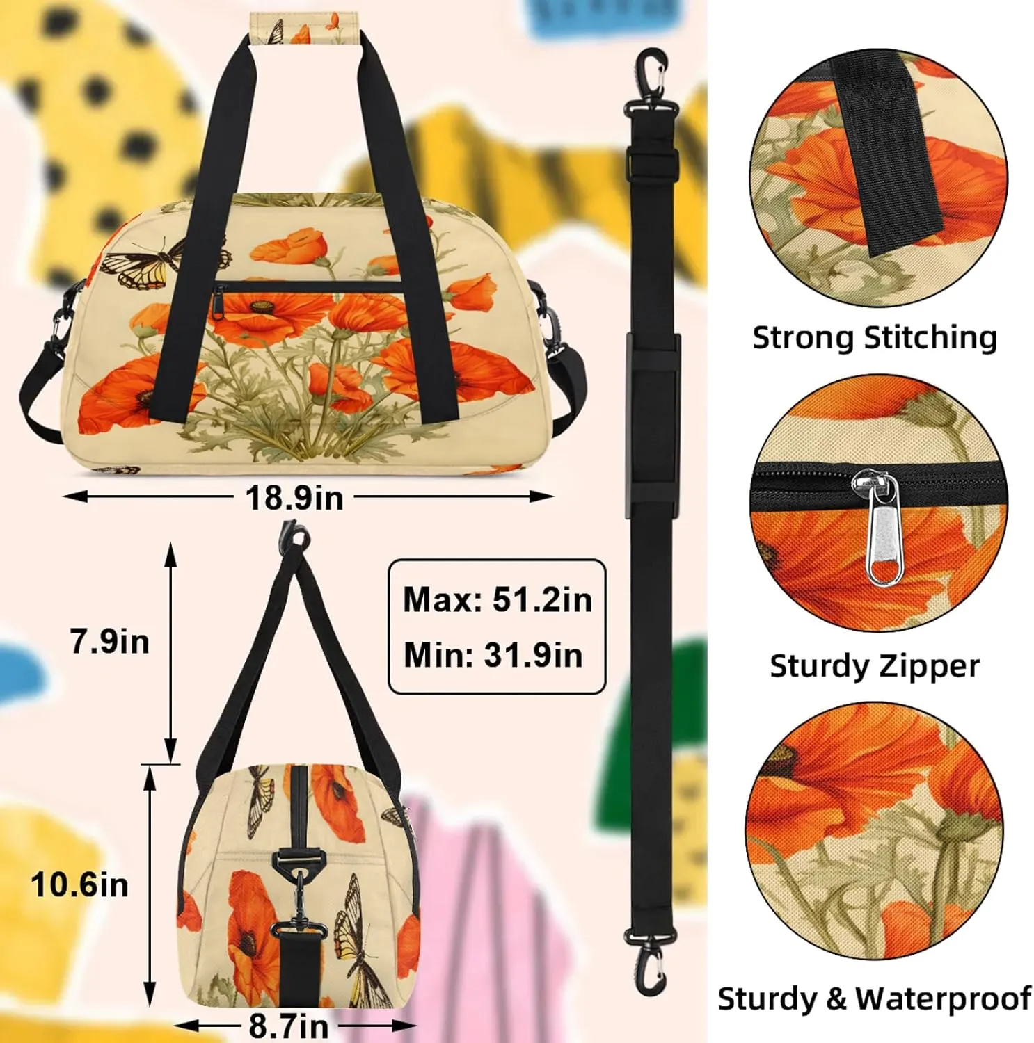Butterflies Poppy Flowers Small Gym Bag 18 inch Carry On Duffel Bag for Weekender Travel Sports Workout Yoga Gymnastics Dance Ballet