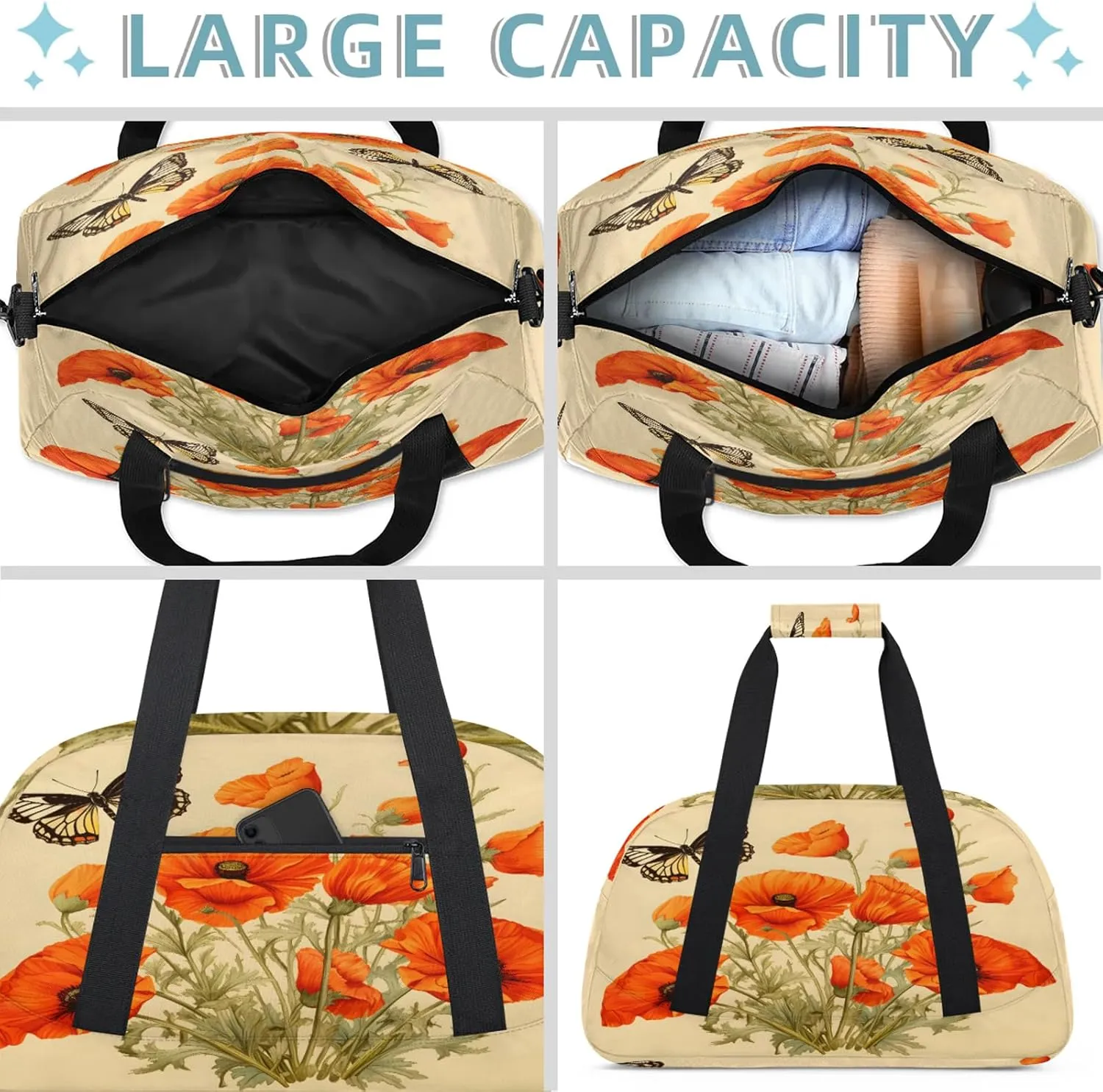 Butterflies Poppy Flowers Small Gym Bag 18 inch Carry On Duffel Bag for Weekender Travel Sports Workout Yoga Gymnastics Dance Ballet