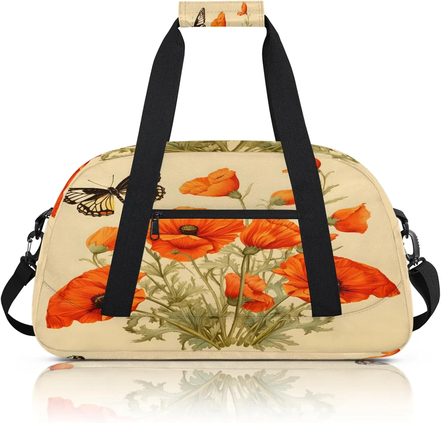 Butterflies Poppy Flowers Small Gym Bag 18 inch Carry On Duffel Bag for Weekender Travel Sports Workout Yoga Gymnastics Dance Ballet
