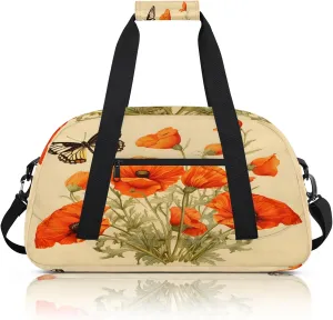 Butterflies Poppy Flowers Small Gym Bag 18 inch Carry On Duffel Bag for Weekender Travel Sports Workout Yoga Gymnastics Dance Ballet
