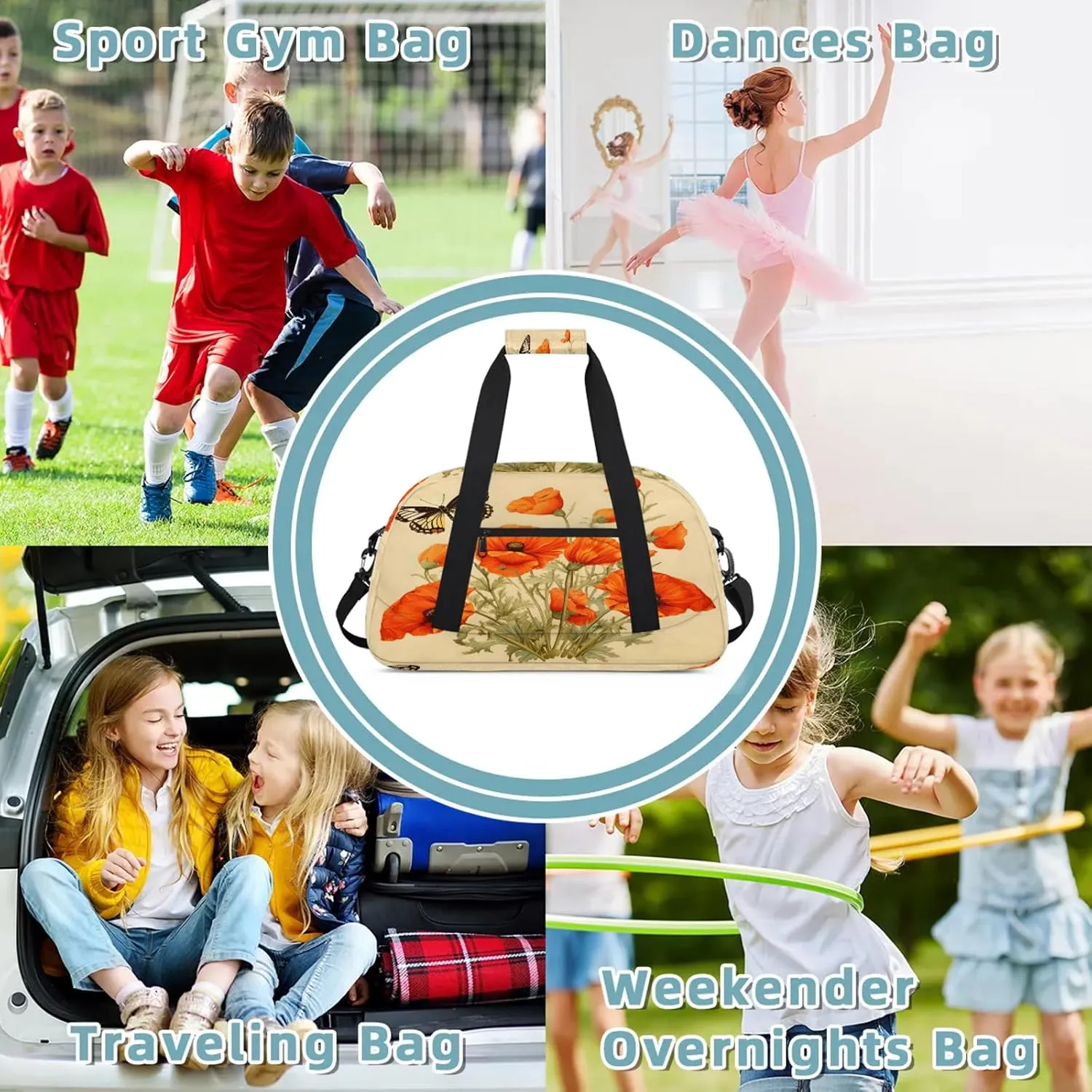 Butterflies Poppy Flowers Small Gym Bag 18 inch Carry On Duffel Bag for Weekender Travel Sports Workout Yoga Gymnastics Dance Ballet