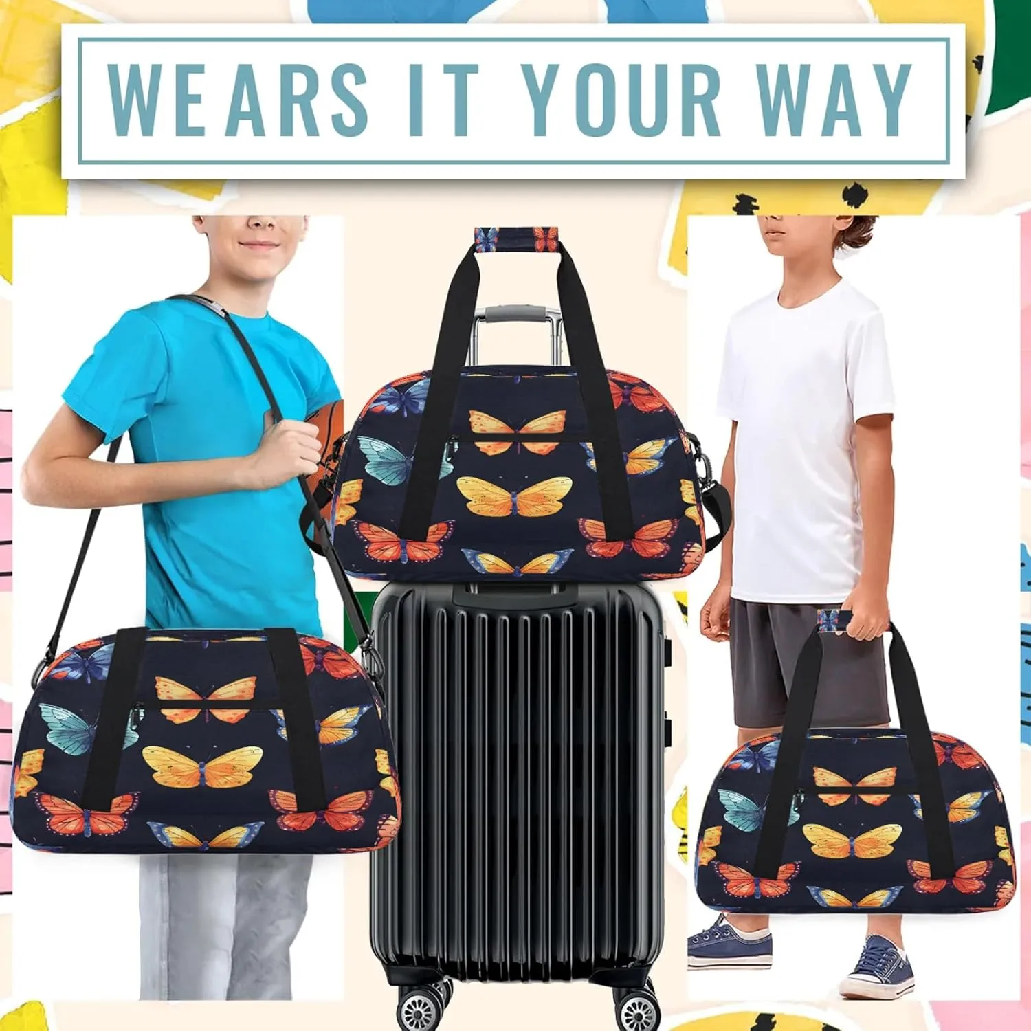 Butterflies Small Gym Bag 18 inch Carry On Duffel Bag for Weekender Travel Sports Workout Yoga Gymnastics Dance Ballet