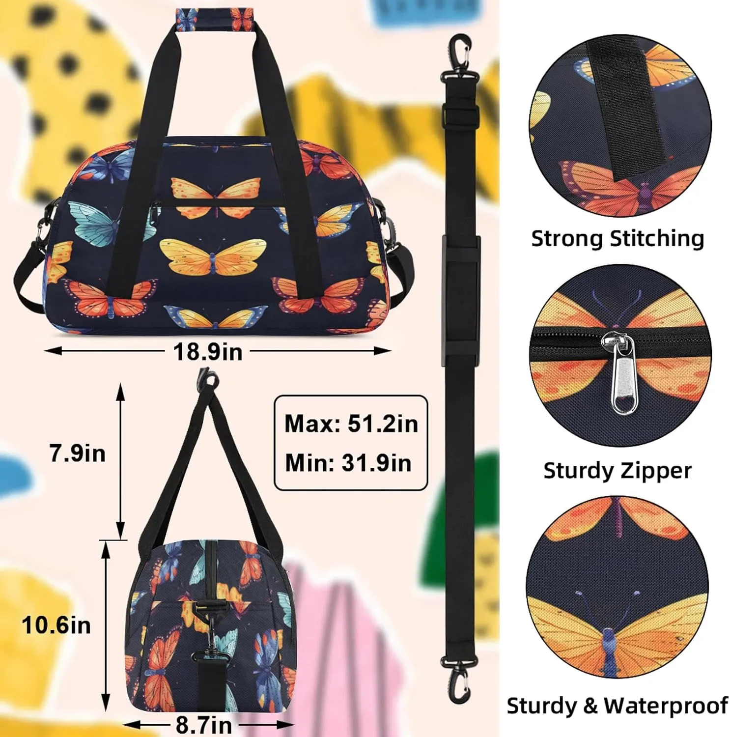 Butterflies Small Gym Bag 18 inch Carry On Duffel Bag for Weekender Travel Sports Workout Yoga Gymnastics Dance Ballet
