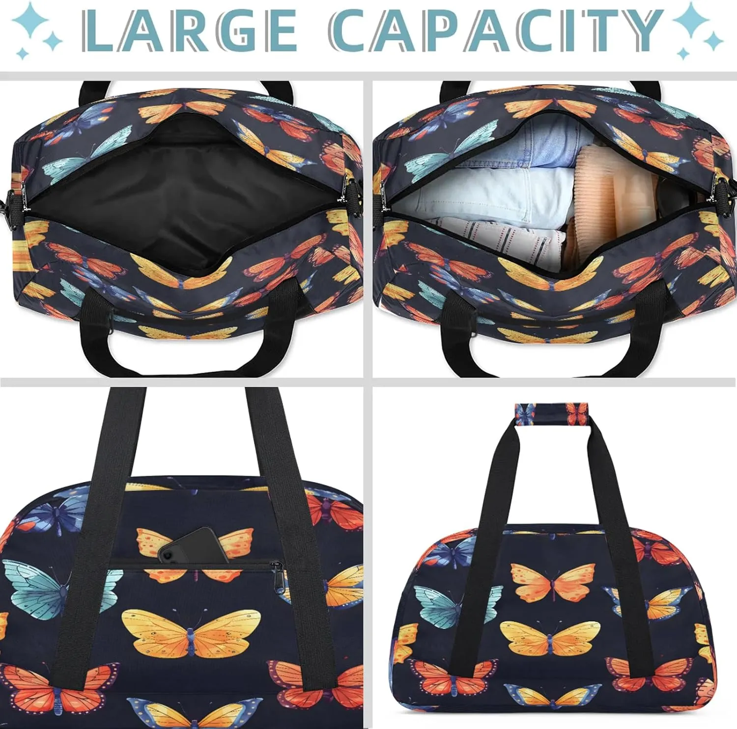 Butterflies Small Gym Bag 18 inch Carry On Duffel Bag for Weekender Travel Sports Workout Yoga Gymnastics Dance Ballet
