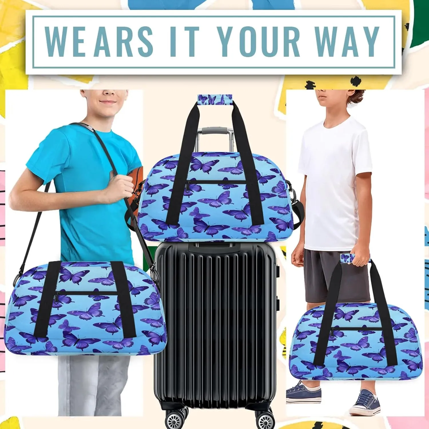 Butterfly Animals Small Gym Bag 18 inch Carry On Duffel Bag for Weekender Travel Sports Workout Yoga Gymnastics Dance Ballet