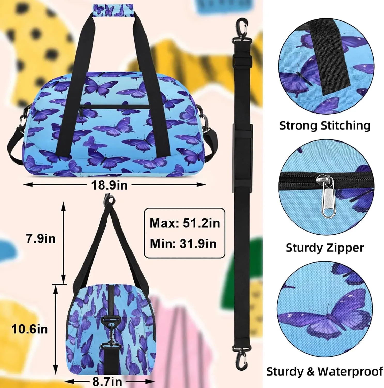 Butterfly Animals Small Gym Bag 18 inch Carry On Duffel Bag for Weekender Travel Sports Workout Yoga Gymnastics Dance Ballet