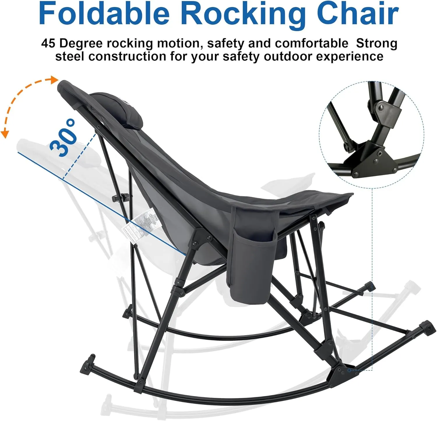 Camping Chairs, Rocking Camping Chairs Foldable Camping Chairs for Adults Outdoor Rocker Camping Chairs with High Back Portable Rocking Chair for Outdoor Camping Chairs, Support 350lbs, Grey