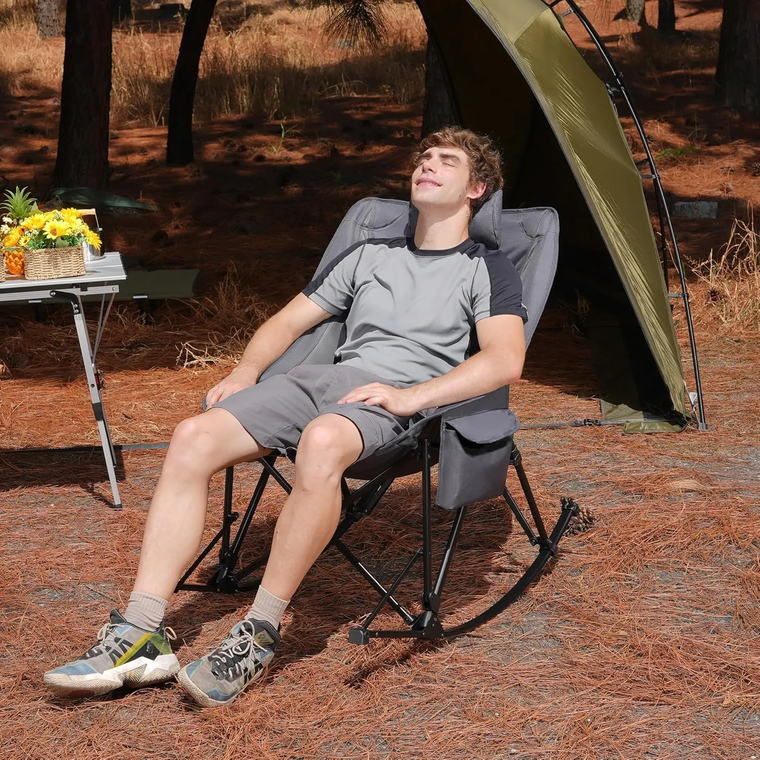 Camping Chairs, Rocking Camping Chairs Foldable Camping Chairs for Adults Outdoor Rocker Camping Chairs with High Back Portable Rocking Chair for Outdoor Camping Chairs, Support 350lbs, Grey