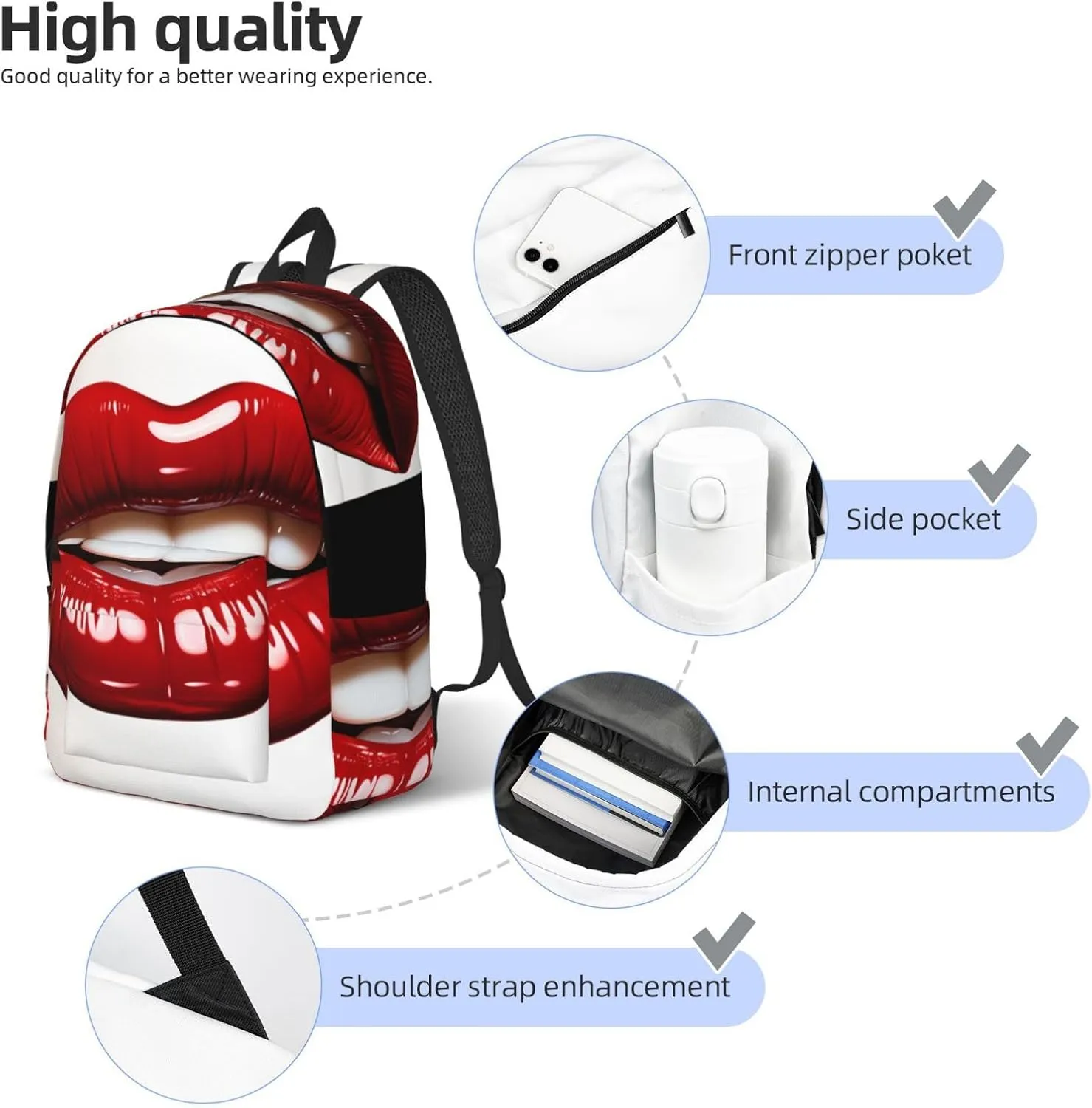 Canvas Backpack for Men Women Laptop Backpack Cute Graphic Red Lips Travel Rucksack Lightweight Canvas Daypack