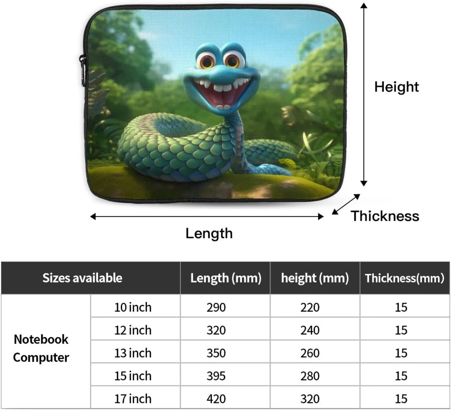 Cartoon Cobra Snake Pattern Shockproof Portable Laptop 17 inch Sleeve Bag for Men and Women - Ideal for Business Travel, School, and Daily Use