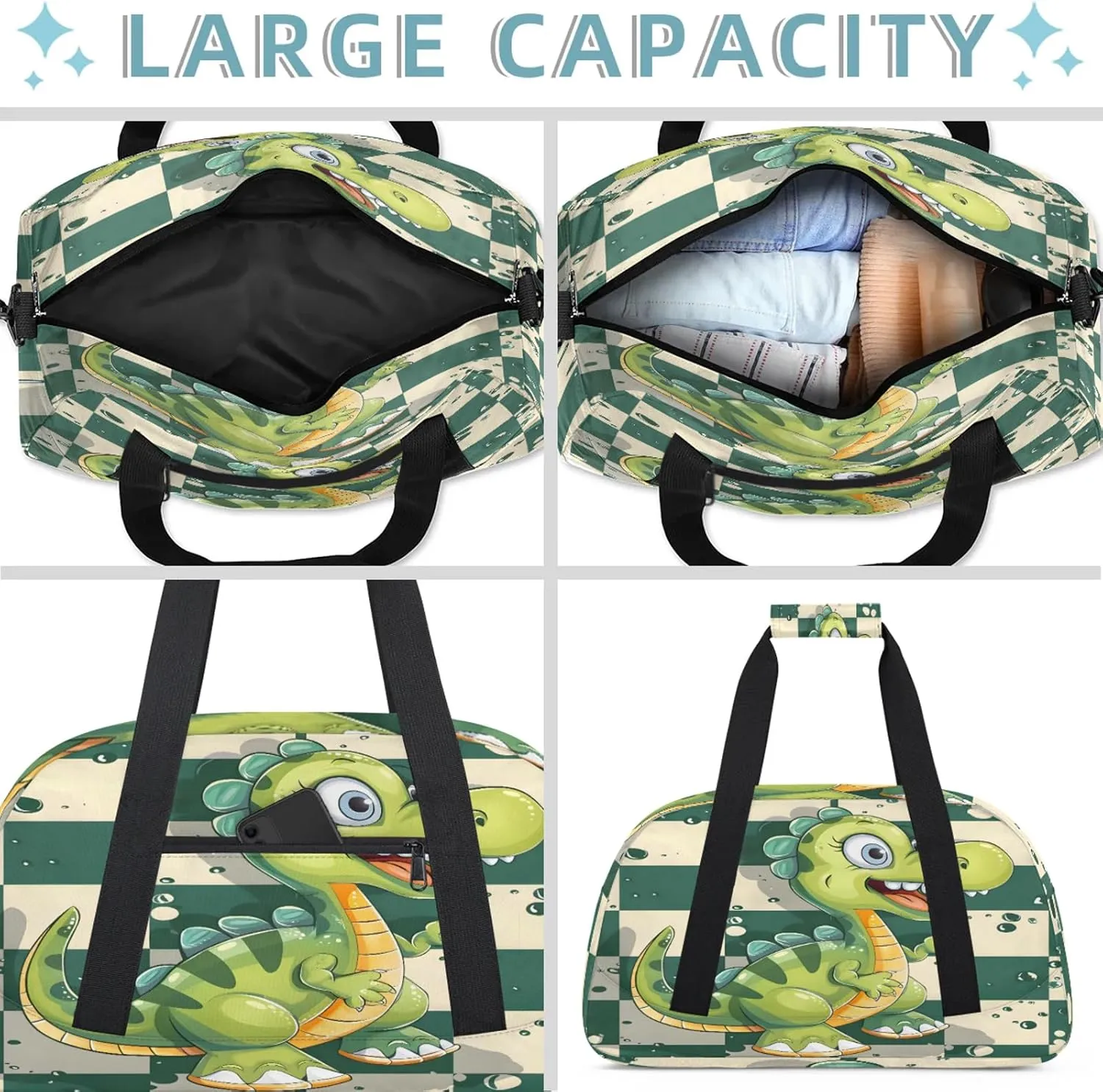 Cartoon Dinosaur Small Gym Bag 18 inch Carry On Duffel Bag for Weekender Travel Sports Workout Yoga Gymnastics Dance Ballet