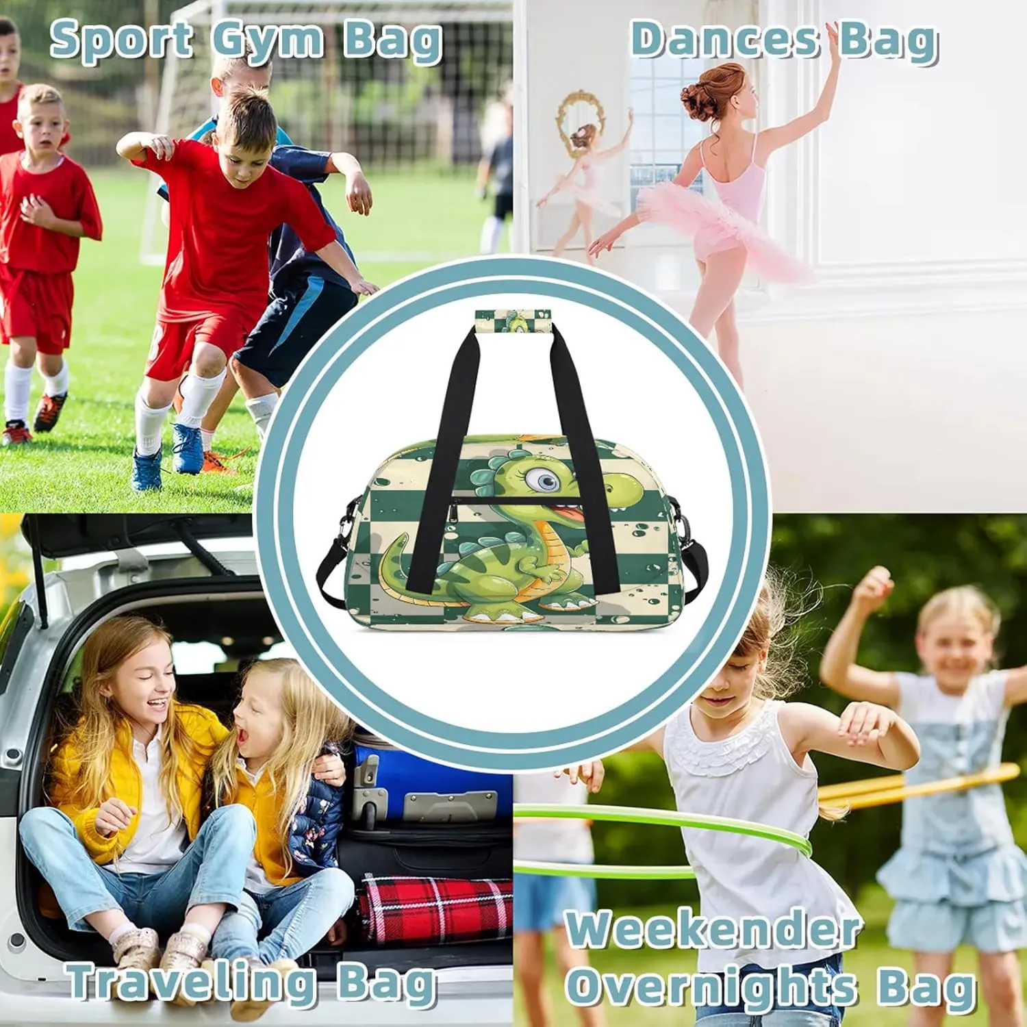 Cartoon Dinosaur Small Gym Bag 18 inch Carry On Duffel Bag for Weekender Travel Sports Workout Yoga Gymnastics Dance Ballet