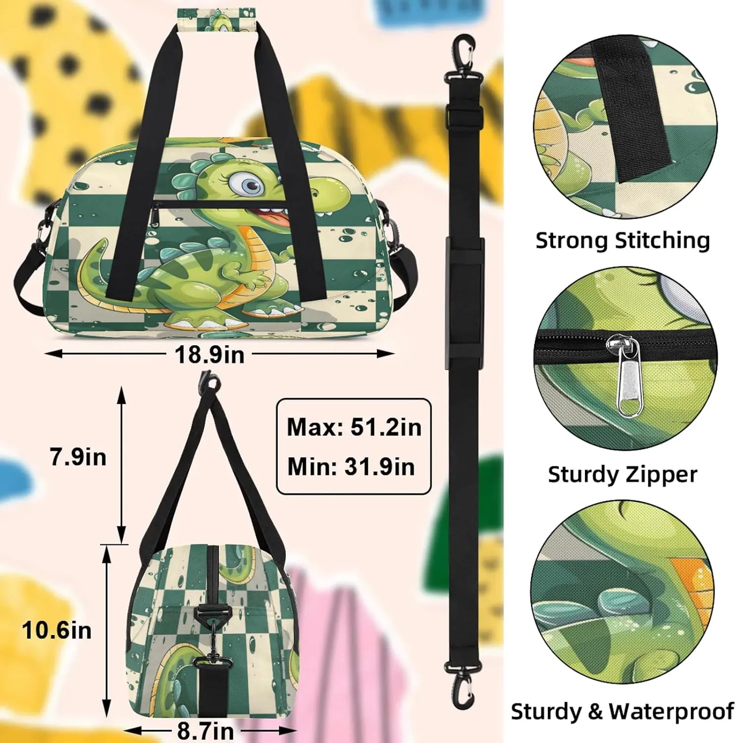 Cartoon Dinosaur Small Gym Bag 18 inch Carry On Duffel Bag for Weekender Travel Sports Workout Yoga Gymnastics Dance Ballet